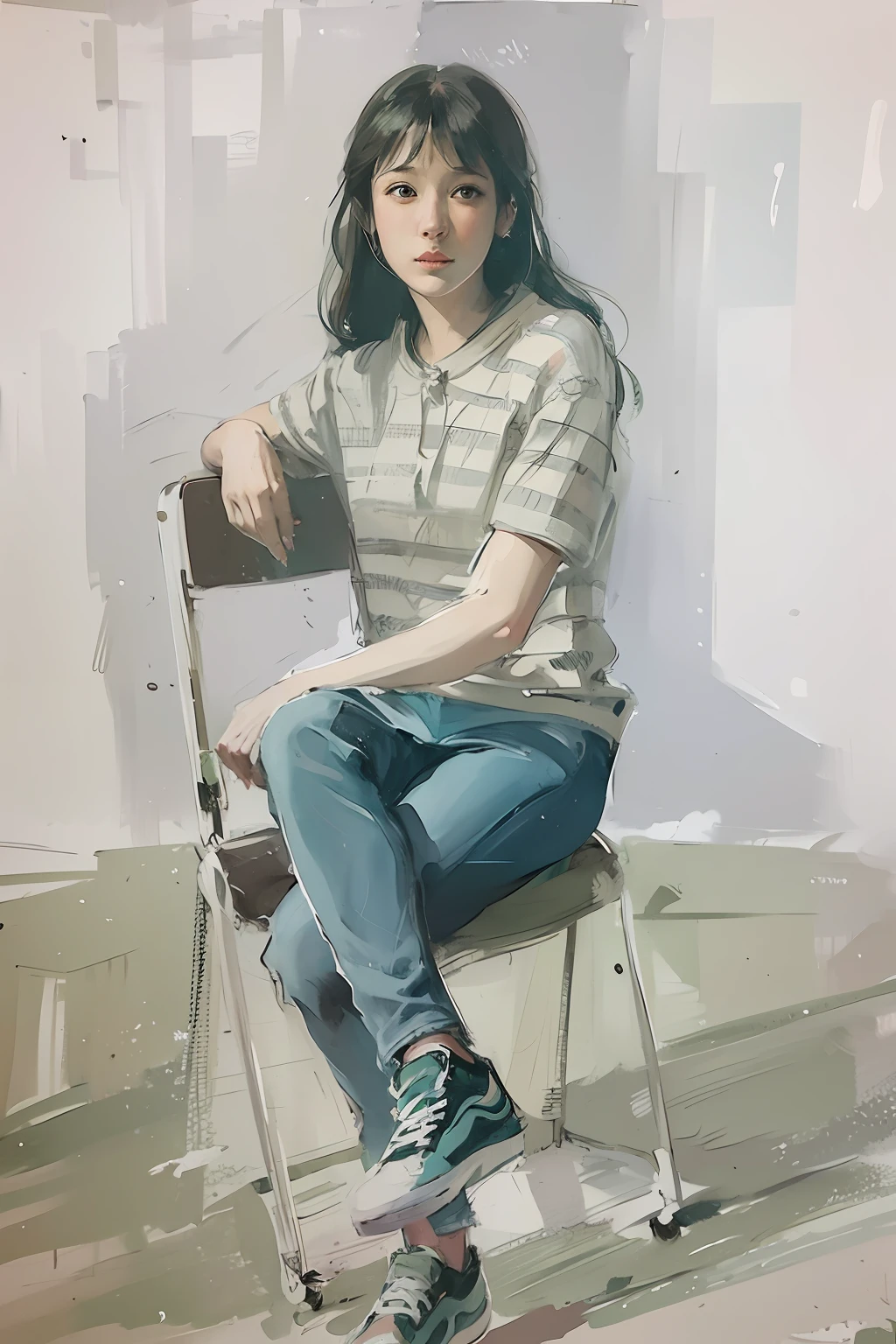 painting of a woman sitting on a chair with a skateboard, inspired by Raphael Soyer, full body portrait painting, modern portrait, portrait full body, clothed non - portrait, full body portrait, inspired in balthus, solo portrait, inspired by Balthus, solo portrait 🎨🖌️, inspired by Moses Soyer, woman is sitting