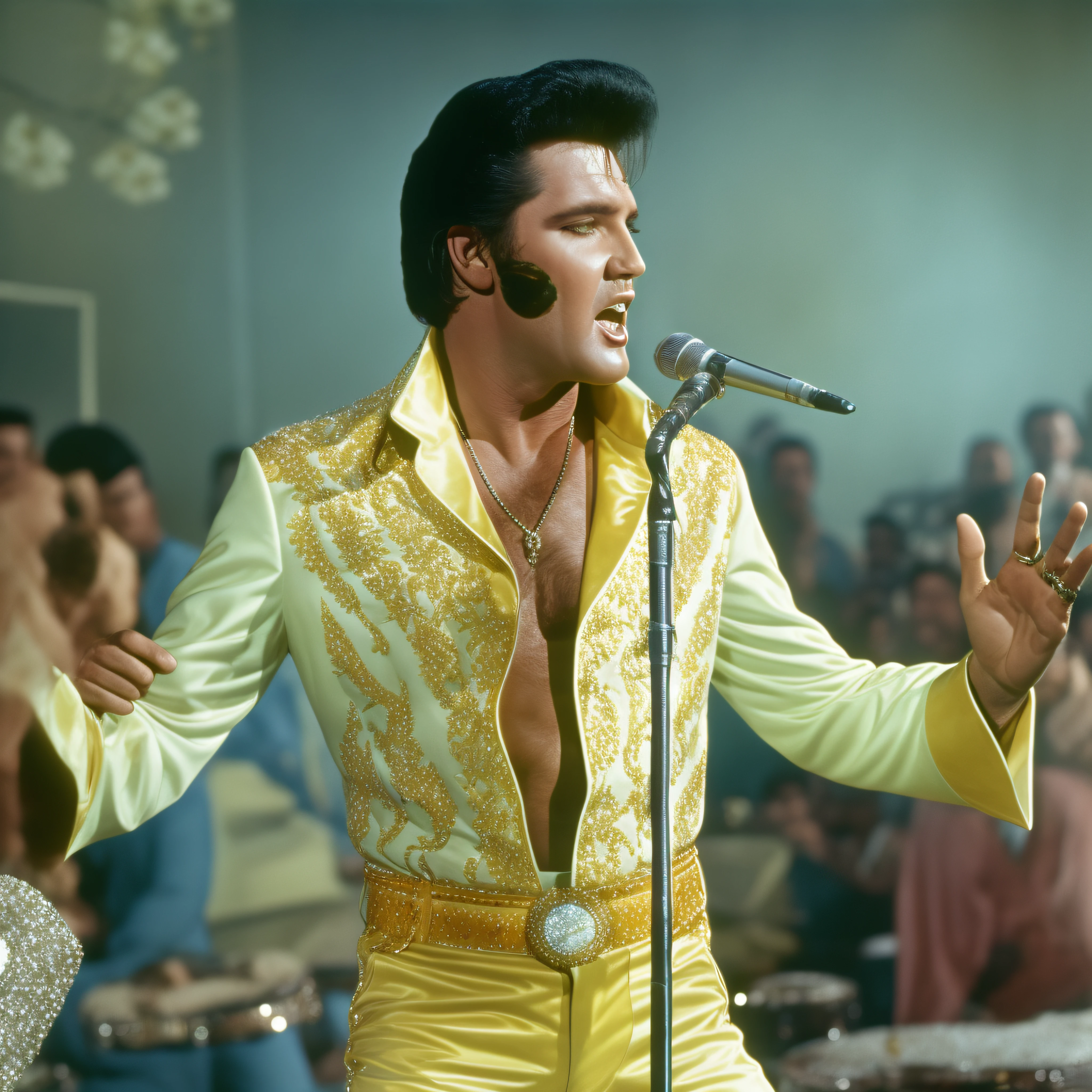 Elvis Presley, anos 70, imagem colorida e realistica, de corpo inteiro, cantando em las vegas com roupa de couro branca