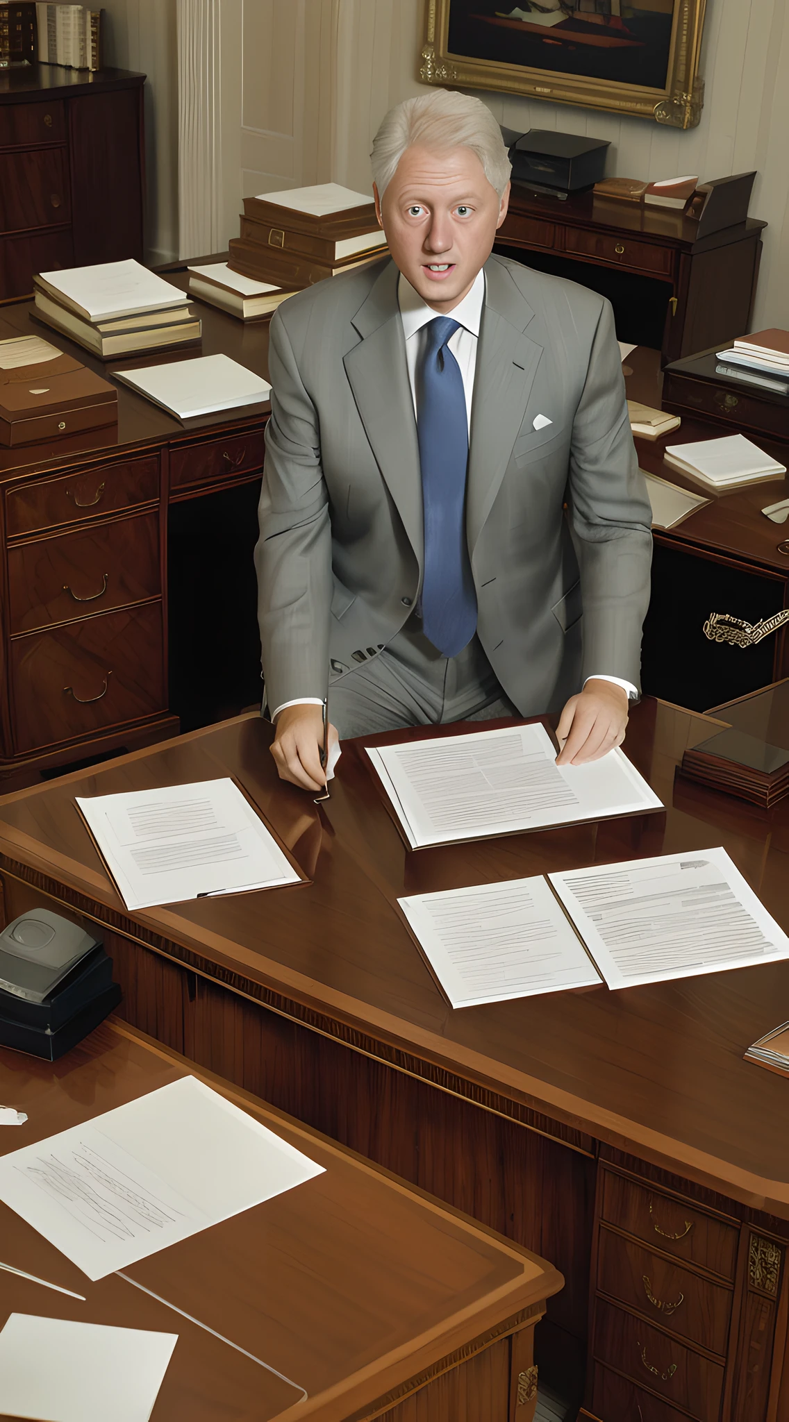 (masterpiece, high resolution, photo-realistic:1.4), former President Bill Clinton, (silver hair:1.1), (signature business suit:1.2), rummaging through desk drawers, concentrated expression, Oval Office setting, (papers scattered on grand mahogany desk:1.3), folders and documents strewn on floor, disarray, chaotic office, warm lighting, mid-action, side view.
