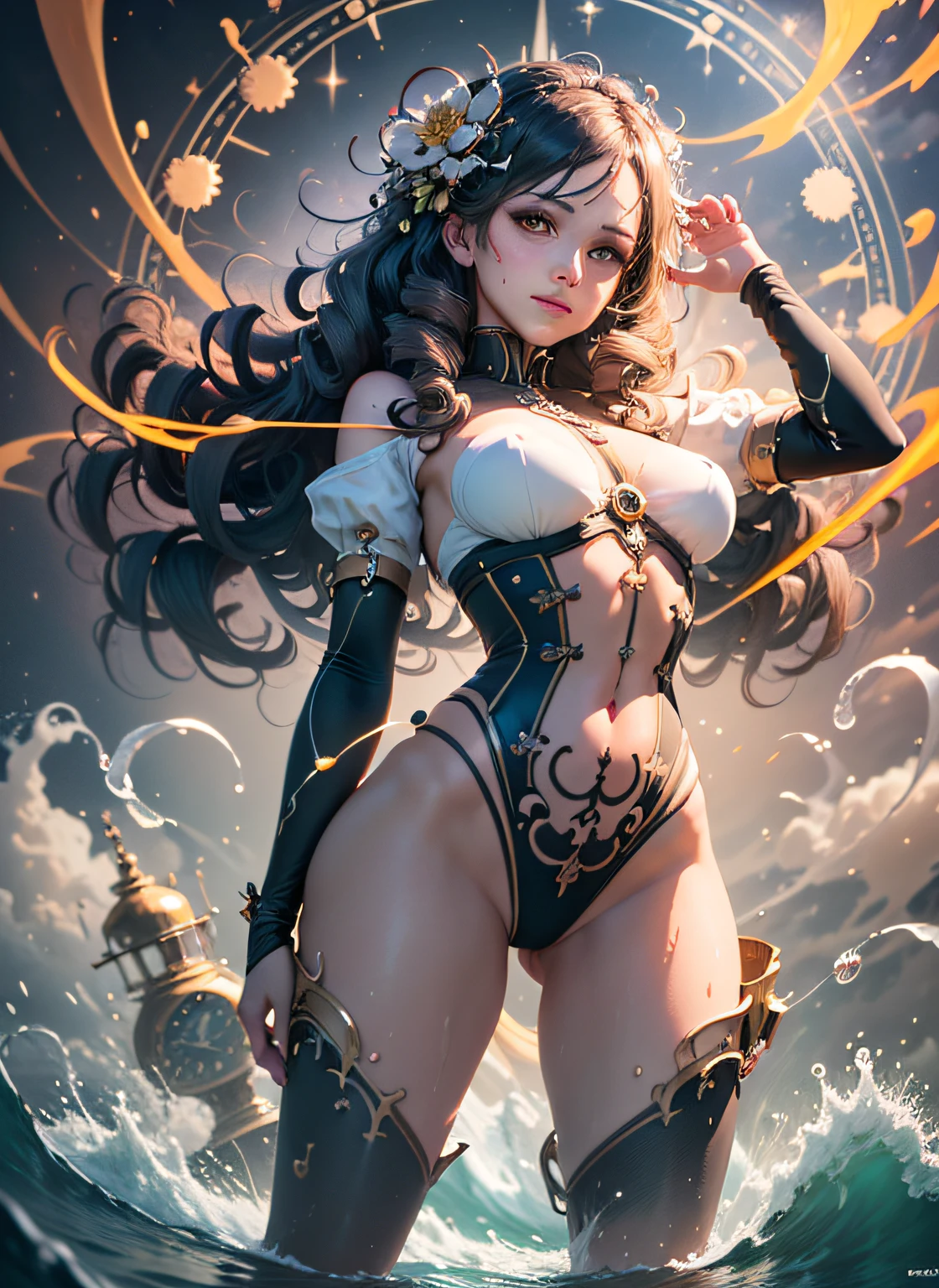 Goddess maiden, gorgeous, splashing, flame, flowing pen and ink,full female body, beautiful caucasian girl close-up, body in dynamic movement, oil, digital art, splash, full body, Ray-traced sunset rendering, shimmery water, light rays, billowing clouds, light reflections, vibrant colors, detailed, glitch art, water, 8k, oil painting, art by Sakimichan, Daniel Gerhartz, mixed digital painting technique, digital painting, super smooth , fluid, 3d fractals, light particles, spirit ink, smooth, shimmery, dreamy glow, 16k, sf, complex art masterpiece, sinister, matte movie poster, golden ratio, cgsociety trend, intricate, epic, artstation trend, highly detailed, vibrant, production cinematic character renderings by artgerm, H.R. Giger and Beksinsky Ultra Quality Model, cloudy night sky storm, sunset red clouds storm cloudy, rough sea, psychedelic waves, skin and clothes wet with water, drops of water, floating bubbles, magical lights, fantasy, filigree, cloudy night sky storm, sunset red clouds storm cloudy, rough sea, psychedelic waves, splash,Sakimichan style art, oriental mandala tattoo, fractal background, silver and gold and bronze spirit, natural skin moistened with water, slight smile, view from below, perfect golden eyes, long curly black hair, floating antique clock, lamp ancient, splash,seductive pose, visible pubic hair, breasts visible,full body, black hair, Transparent clothing, slight smile,, open legs, view of pubic hair, 1 sexy girl in transparent forest clothes,exposed breasts, open transparent t-shirt,mandala and flower tattoos, La mejor calidad, view from below, small breasts in sight, Jean-Baptiste Monge style, bright, beautiful , splash, Glittering , cute and adorable, filigree, , rim lighting, lights, extremely , magic, surreal, fantasy, digital art, , wlop, artgerm and james jean,floating antique clock, lamp ancient, splash,floating antique clock,