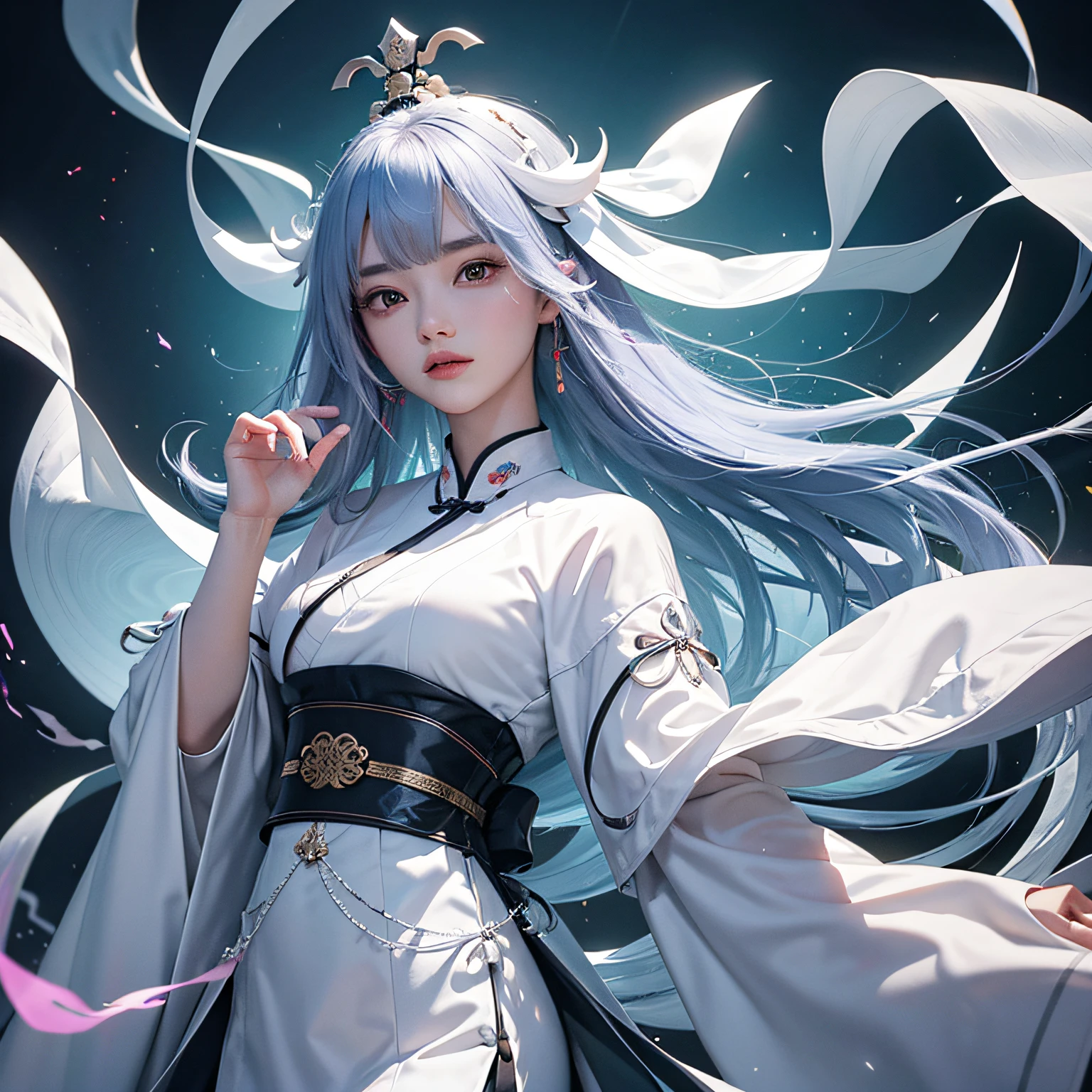 zhongfenghua， female pervert ， Hanfu， ancient_chinese_architecture ， （White smoke：1.3） ， Zen entanglement， datura， entangled， ， best qualtiy， Glowing skin，The face is delicate （Floating colorful flashes： Fauvistdesign，Bright colors Unity 8k wallpaper， ultra - detailed， Beautiful- --auto