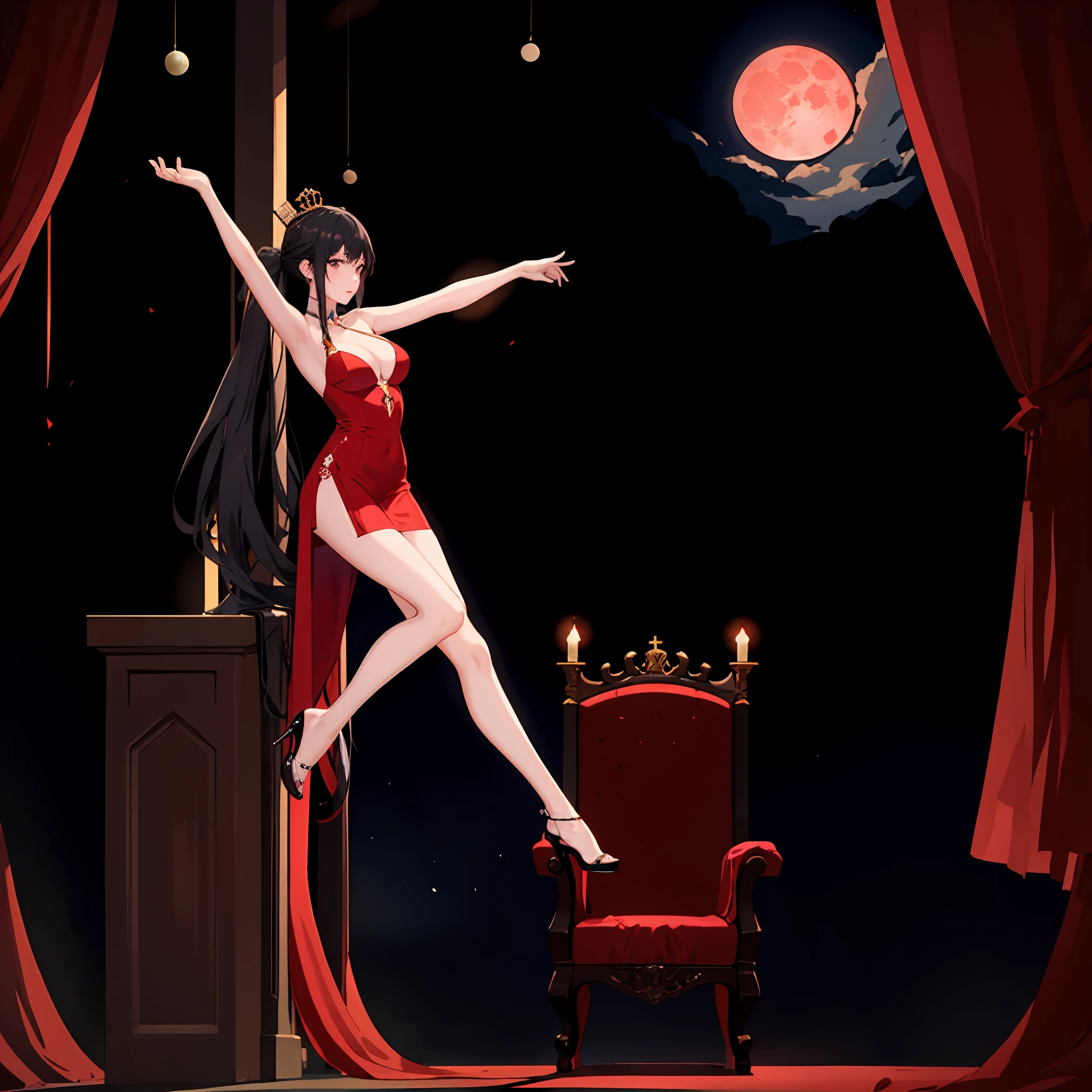 1girll,The barefoot,Black hair,nedium breasts,cleavage,New Moon,Cross ed leg,shift dresses,moon full,long whitr hair,looking at viewert,mediuml breasts,themoon,red dress,Red Moon,sitted,solo dancing,High heels,a throne,Very long hair,White leg suit