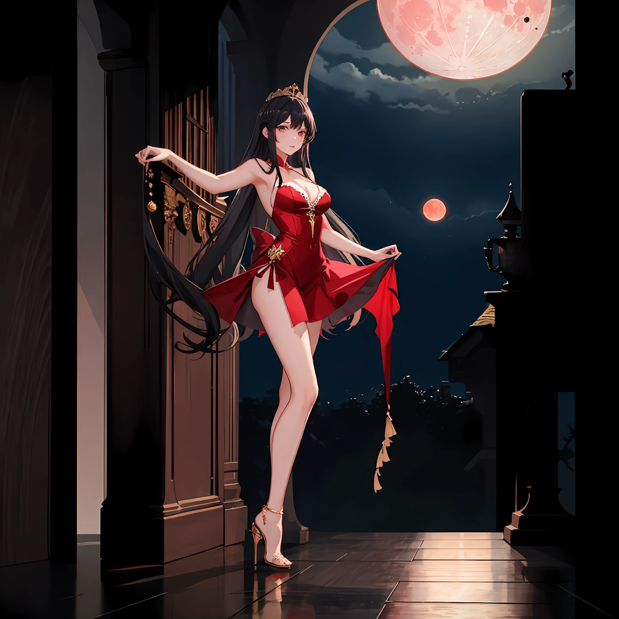 1girll，The barefoot，Black hair，nedium breasts，cleavage，New Moon，Cross ed leg，shift dresses，moon full，long whitr hair，looking at viewert，mediuml breasts，themoon，red dress，Red Moon，sitted，solo dancing，High heels，a throne，Very long hair，White leg suit