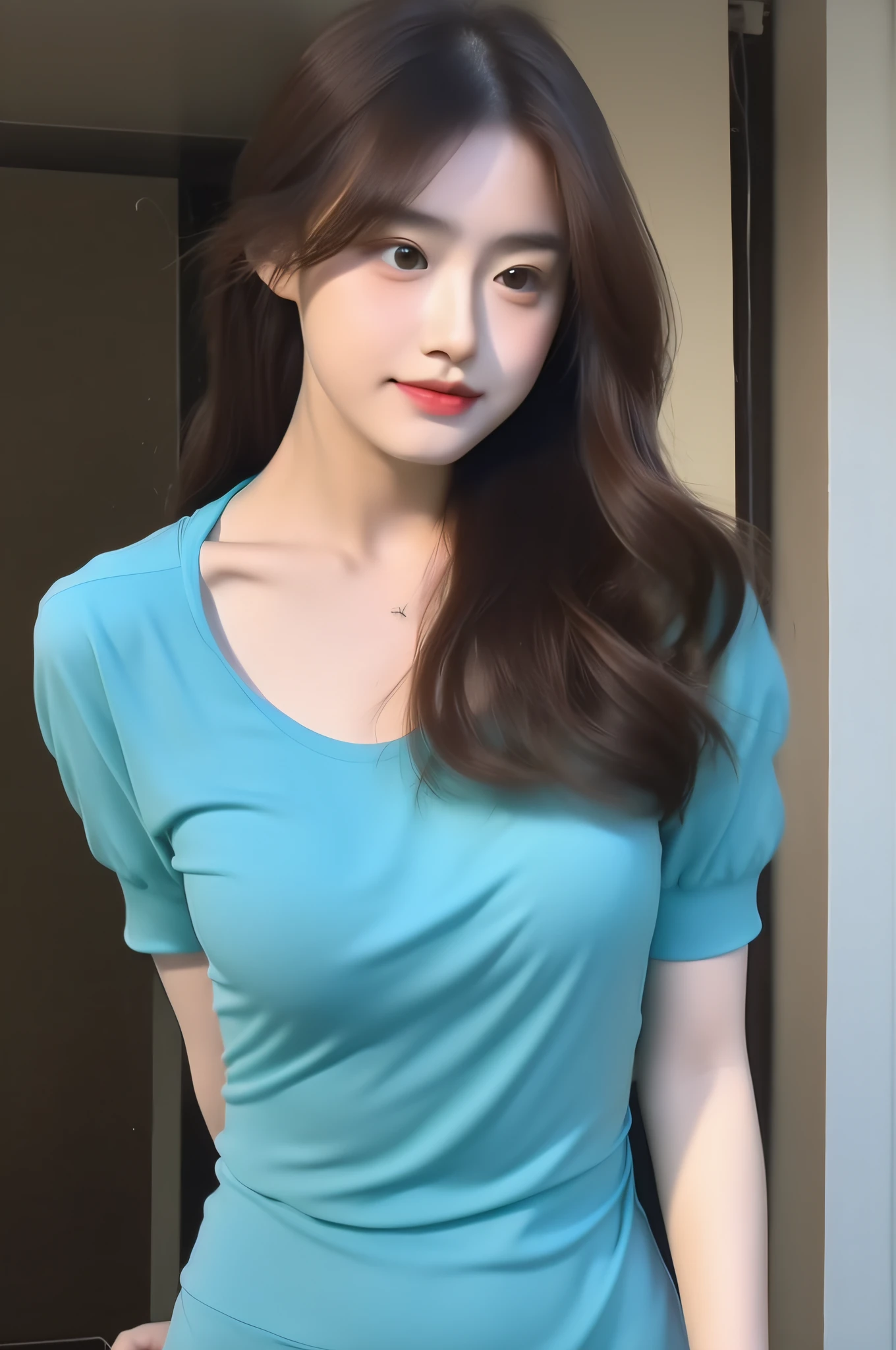 huge tit,teal dress,Need,二重まぶた,photorealestic,Beautiful young Chinese woman,Flat chin,Slightly wider eye distance,1gir