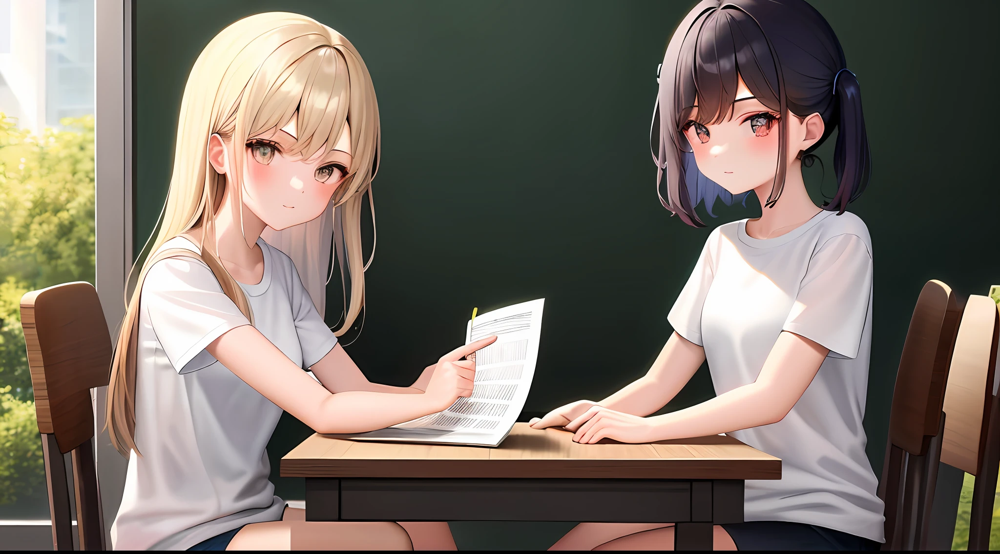 masterpiece, top-quality, hight resolution, a 1 girl, Loose white t-shirt、 Girl sitting on chair studying drafting at desk,、Beautie、cute little、20 talents、Idol、Beautiful hair