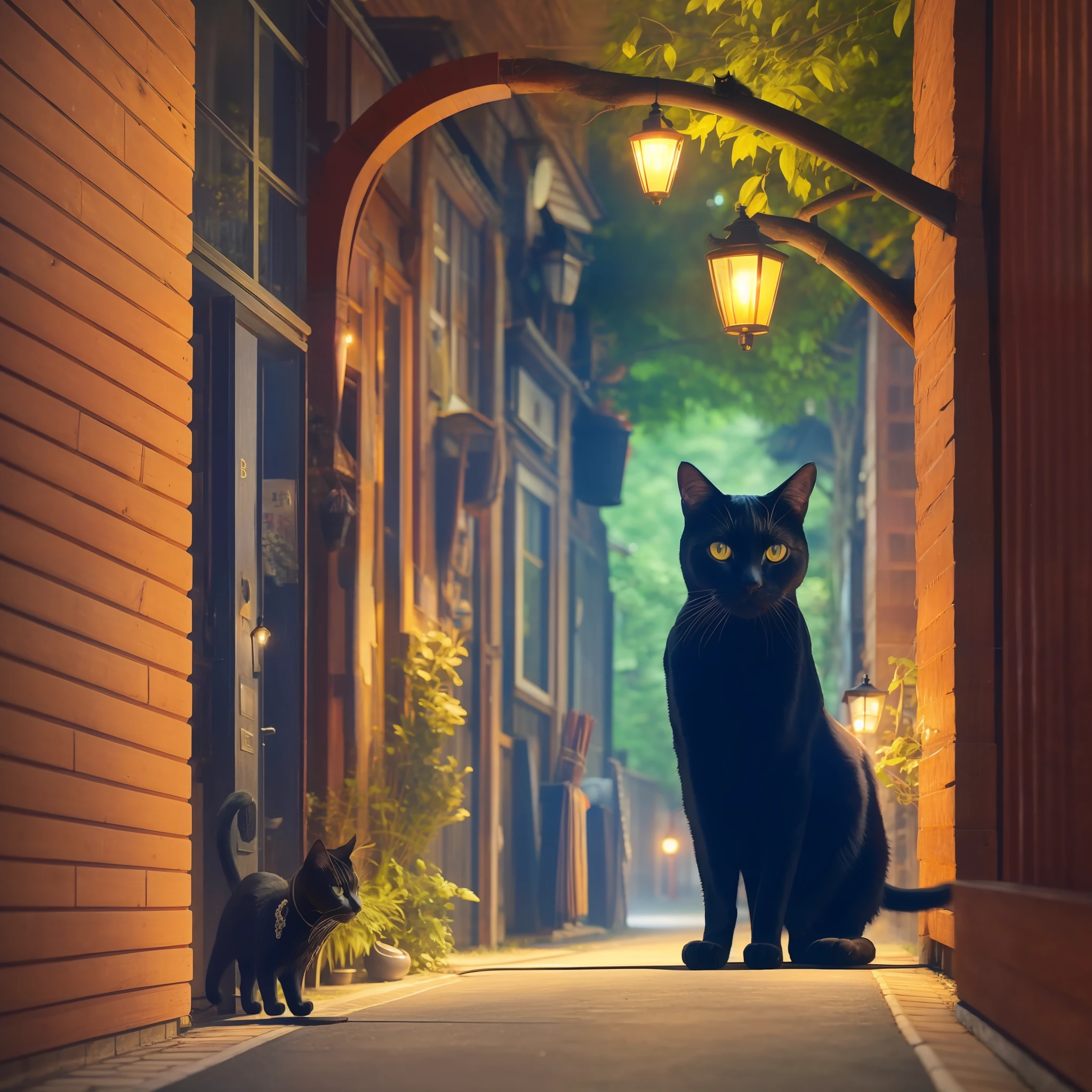 the witch、black cat、broom、tunnel、lamp
