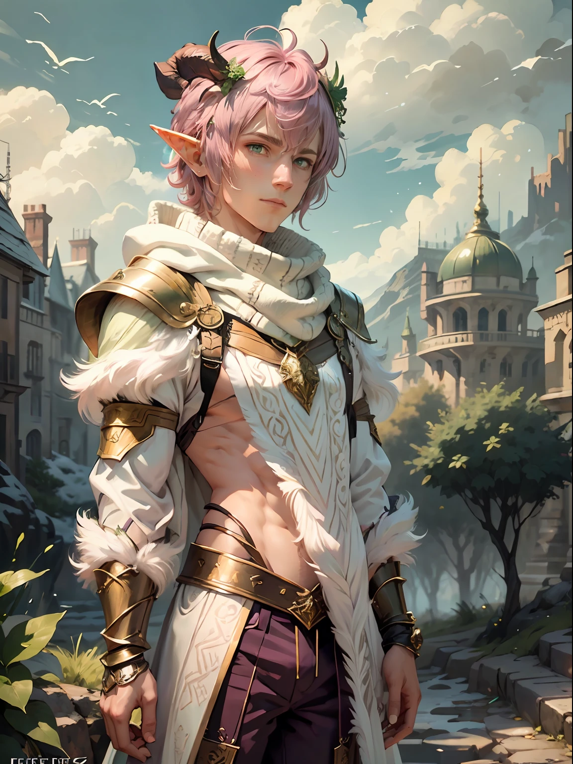 green horns on head, pink hair, short hair, purple outfit, male elf, fantasy, fantasy setting, solo, elf face, cozy sweater, fluffy hair, standing