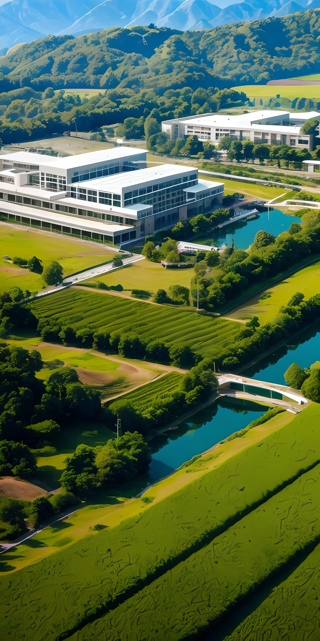 (masterpiece),Modern industrial style building with minimalist design,(ultra-detailed)manifestation,The building is 24 meters high,It covers an area of 300 acres,Surrounded by a green ecological park,There is a water system surrounding it,(dynamic angle)shot,It shows the fluidity and fashion of the building,The brewery is located in it,Large and rigorous,Surrounded by mountain streams and dense forests,It presents a peaceful picture of the sake valley,bird's eyes view。(buliding, styled, designs, angled, Green parks, water system, Modernity, Fluency, winemaking, peacful, bird's eyes view)