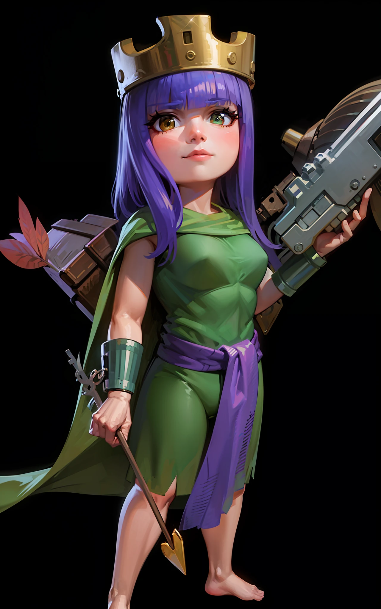 (ultra qualidade, obra-prima, Ethereal: 1.4) , (seios gigantescos:1.6) (seios pendurados: 1.5) (peitos apertados: 1.3), (bimbo 1.4) (peitinhos desproporcionais: 1.4) (Realismo:1.2) (Realisitc:1.2) (absurdos:1.4) 8k, ultra-detalhado, Detalhado Rosto Maduro, Slutty Expression (olhando para o espectador:1.2) detalhes intrincados do corpo,  (leve: 1,4) (Curvy:1.3) Average Waist, coxas grossas, Yuuki Asuna, cabelo roxo, cabelo longo, (Fechaduras laterais: 1.2) (Micro Shorts1.3) postura sedutora, Pose sexy, sedutor, intricate-perfect-fingers-on-hands, Perfeito hiper-detalhado olhos azuis, right arm bracelet, golden crown on head, holding arrow in right hand, (aljava de flechas nas costas:1), ( Beast in left hand:1), 23 years old, olhar intimidador, archer queen, coc, clash of clans