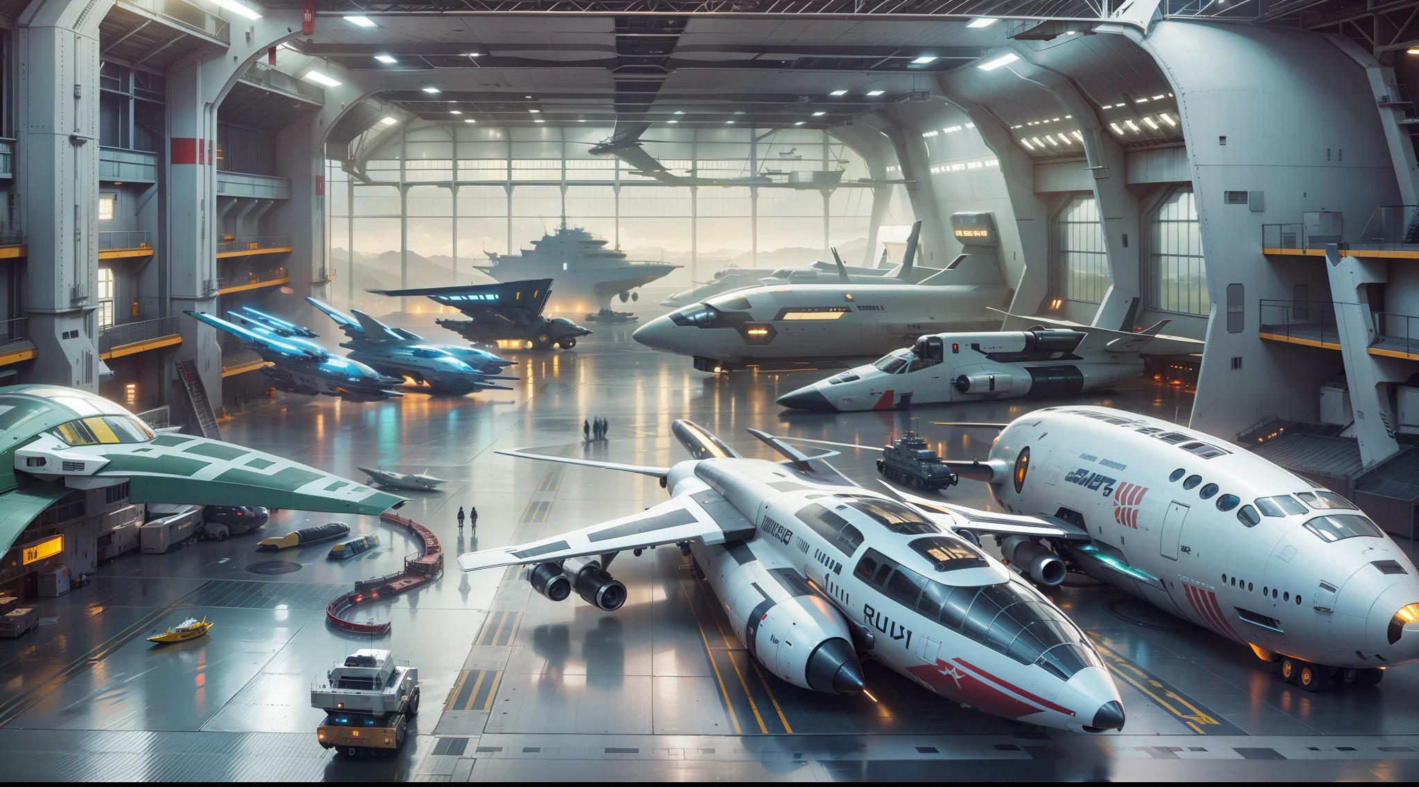 a hangar with futuristic ships and ground vehicles, scenic view.