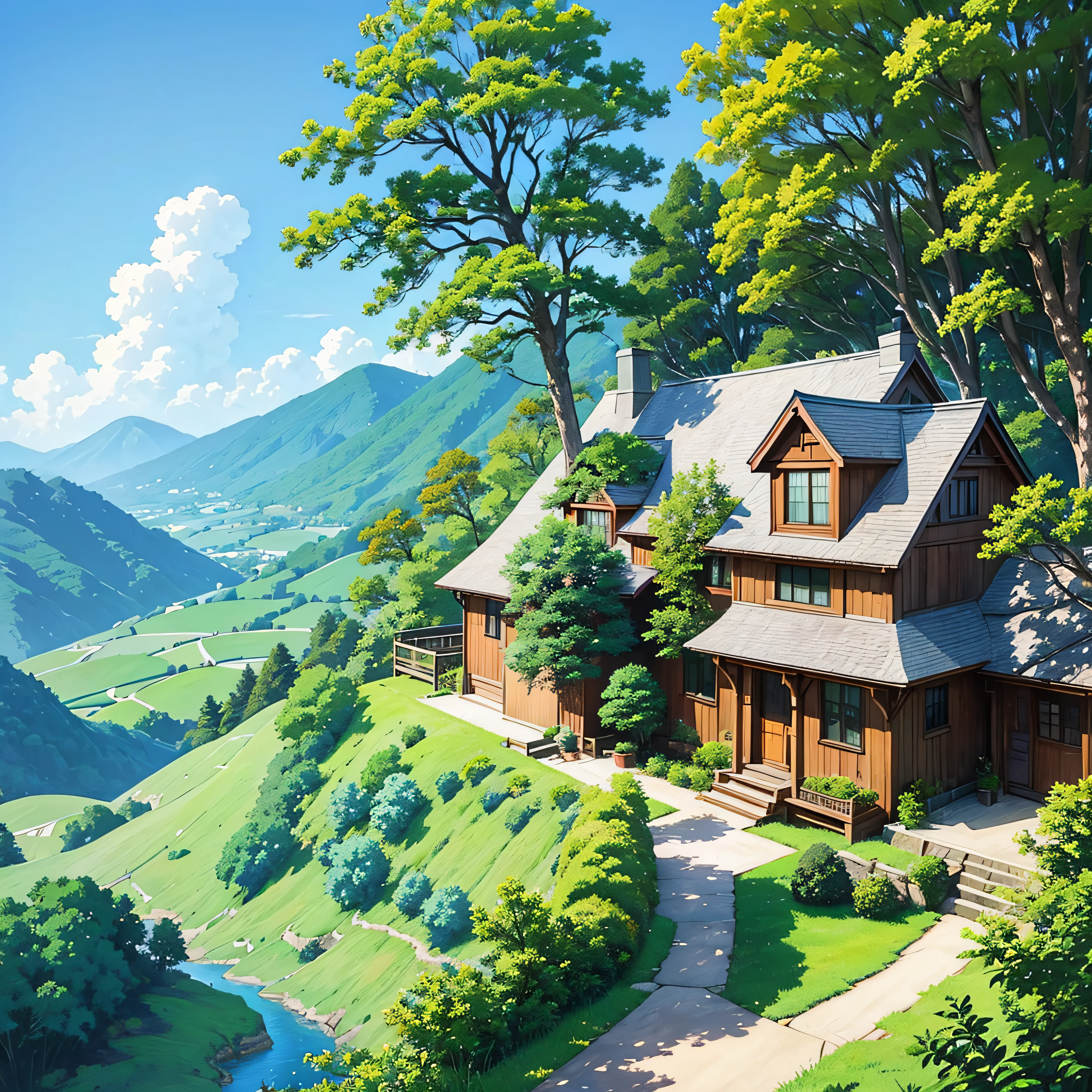 (((best quality))), a painting of a house on a hill with a path leading to it, anime countryside, anime background art, anime scenery, soft concept art studio ghibli, beautiful anime scenery, anime scenery concept art, studio ghibli concept art, ghibli studio environment, anime landscape, Beautiful anime scene, glibly makoto shinkai studio, ghibli studio landscape, cottagecore!! --auto