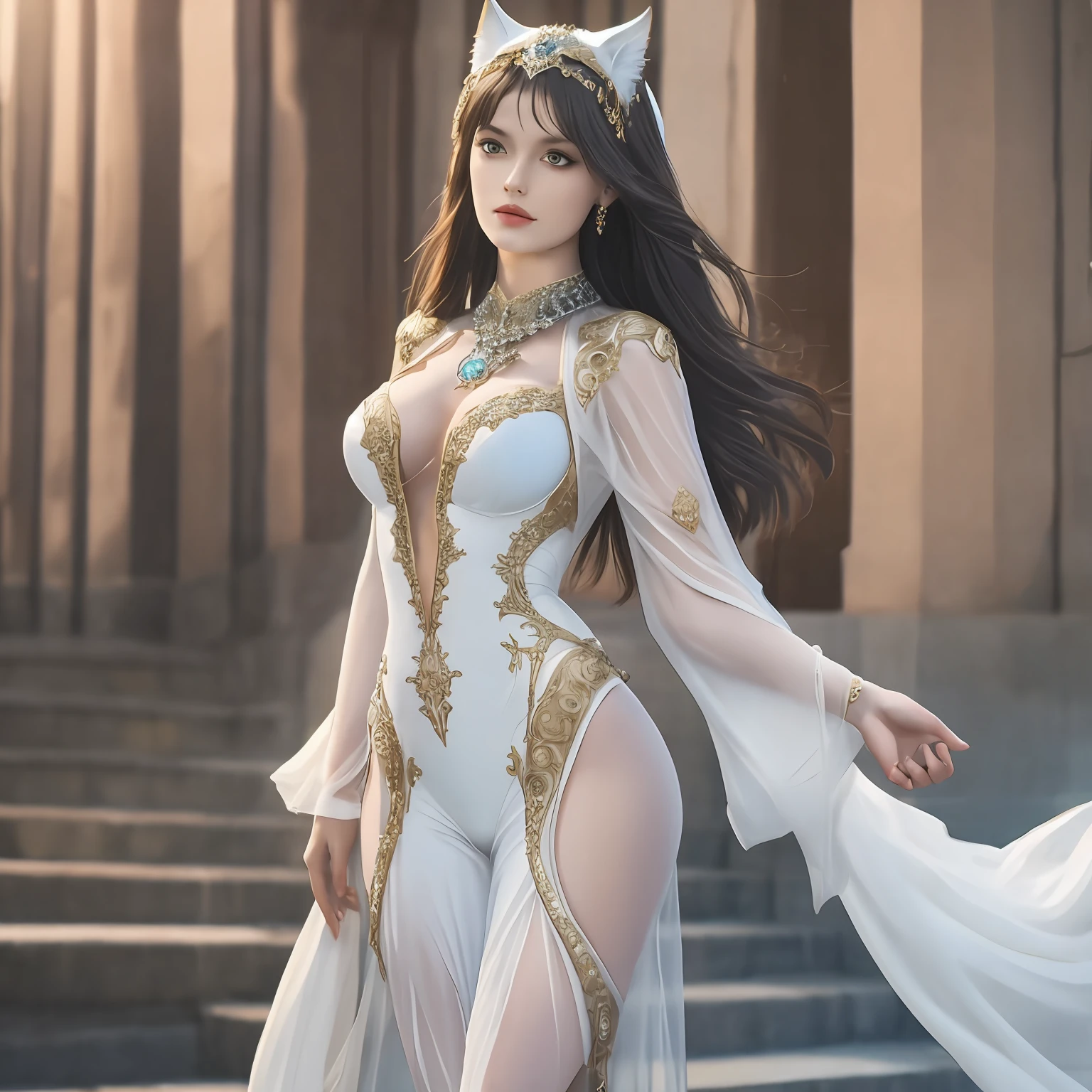 A standing full body dynamic image showcasing a powerful, captivating ancient white catwoman, with intricate, ornate jewelry and adorned with intricate, ornate patterns. The catwoman's glowing eyes and flowing, flowing tail add an element of mystery and power to the scene. The sunlight illuminates her, casting a soft, dreamy glow on the scene. telephoto lens, f/2.8 aperture, warm tones