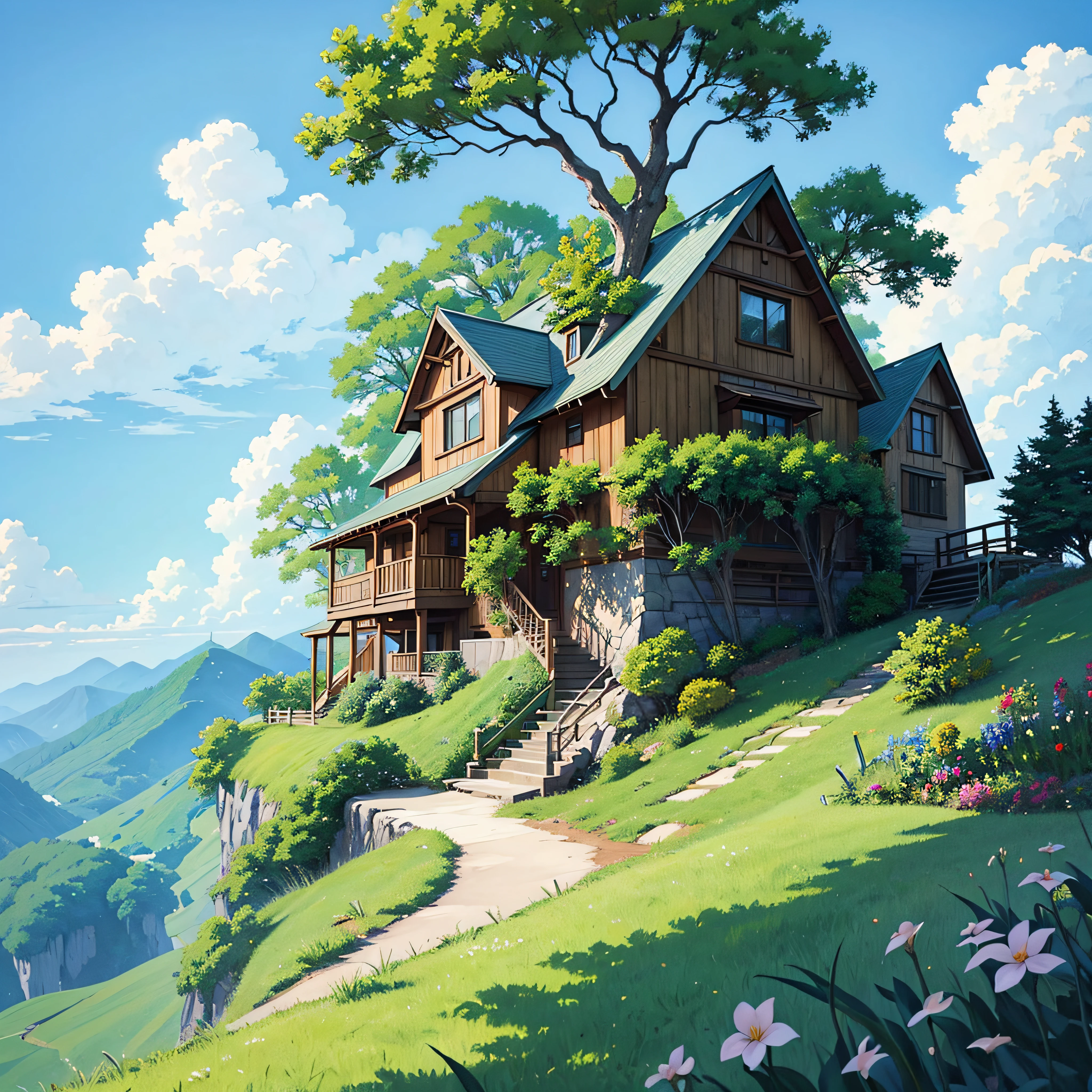 (((best quality))), a painting of a house on a hill with a path leading to it, anime countryside, anime background art, anime scenery, soft concept art studio ghibli, beautiful anime scenery, anime scenery concept art, studio ghibli concept art, ghibli studio environment, anime landscape,  Beautiful anime scene, glibly makoto shinkai studio, ghibli studio landscape, cottagecore!! --auto