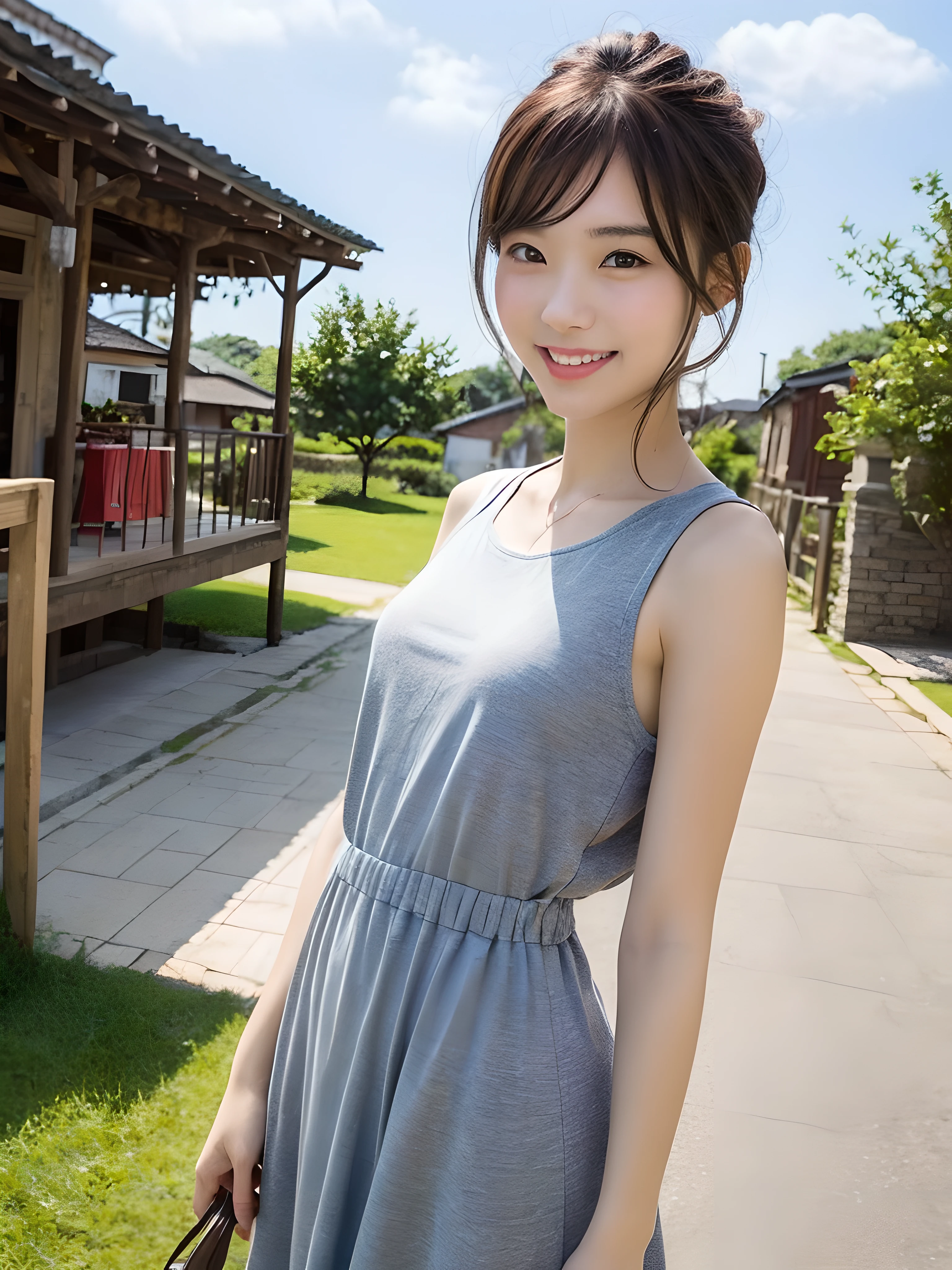 (((Best image quality,8K quality),tmasterpiece)), Drawing style tag: Natural casual hairstyle:1.2, dress detailed:1.1, The body emphasized: 1. Slender female abs:1.3, plumw:1.2, Summary of body details: Refined face:1, 二重まぶた:1, ssmile:1, Picture scene details: Beautiful village, Female life.