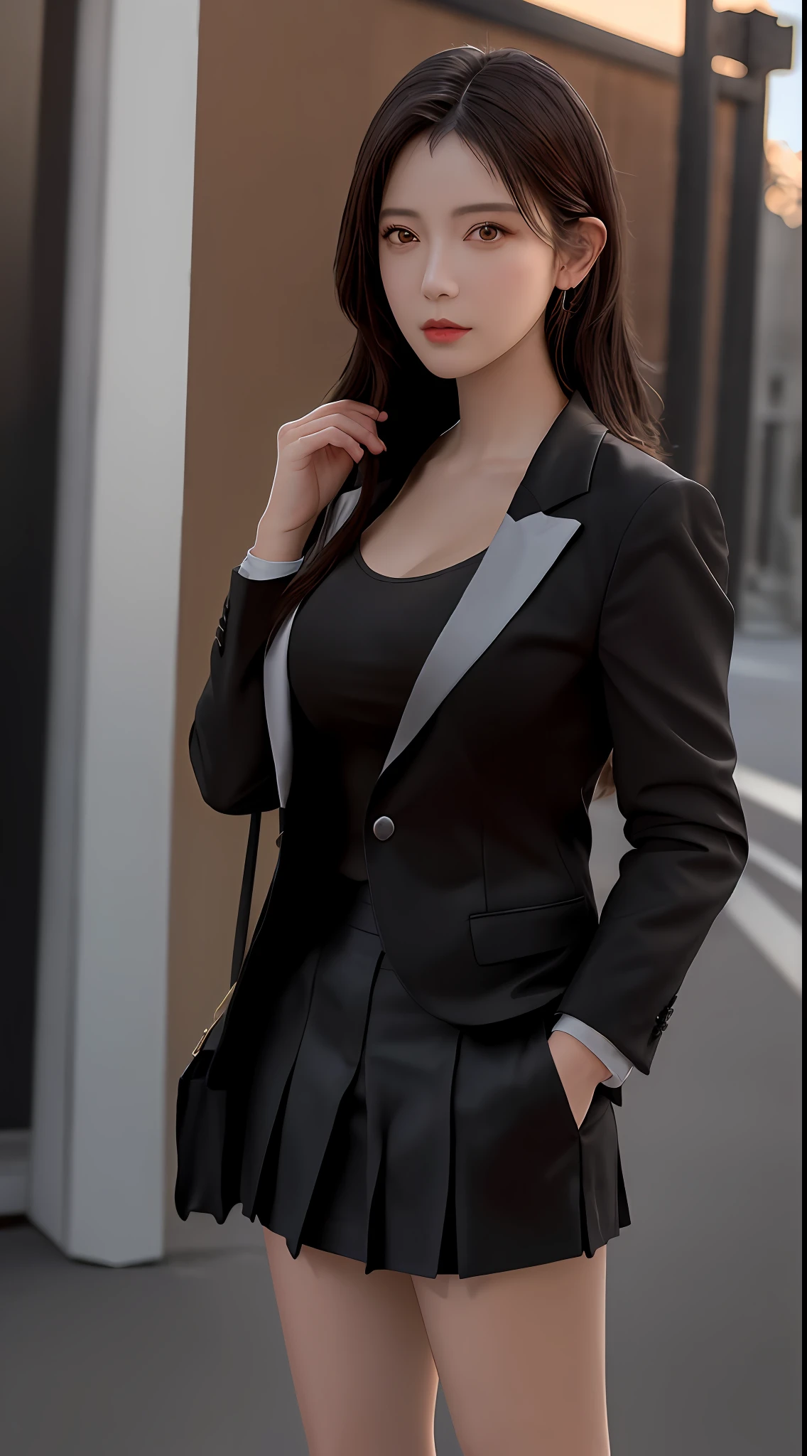 best quality, masterpiece, 1girl, Beautiful face, (photo realistic:1.3), rim lighting, (high detailed skin:1.2), 8k uhd, dslr, high quality, high resolution, 4k, 8k, Bokeh, absurdres, best ratio four finger and one thumb, (realistic:1.3), cute 1girl, wearing black formal blazer, medium breasts, short skirt,
