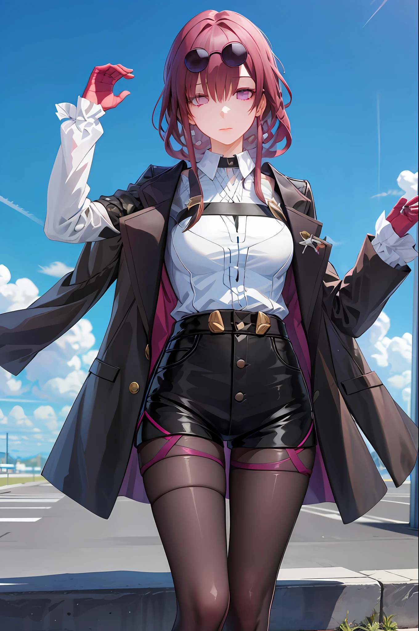 masterpiece, best quality, 1girl,  1girl, official, black jacket, jacket on shoulders, shirt, shorts, pantyhose, eyewear on head, purple eyes, (empty eyes:1.2),