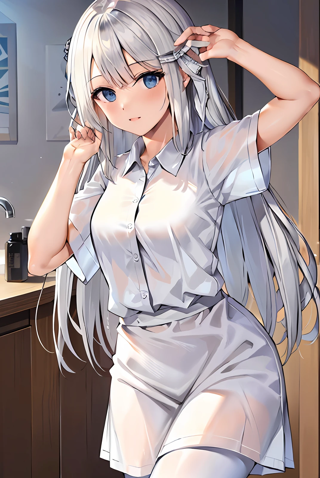 white color hair，Pantyhose white stockings，Ear-free，Raised sexy，white  shirt