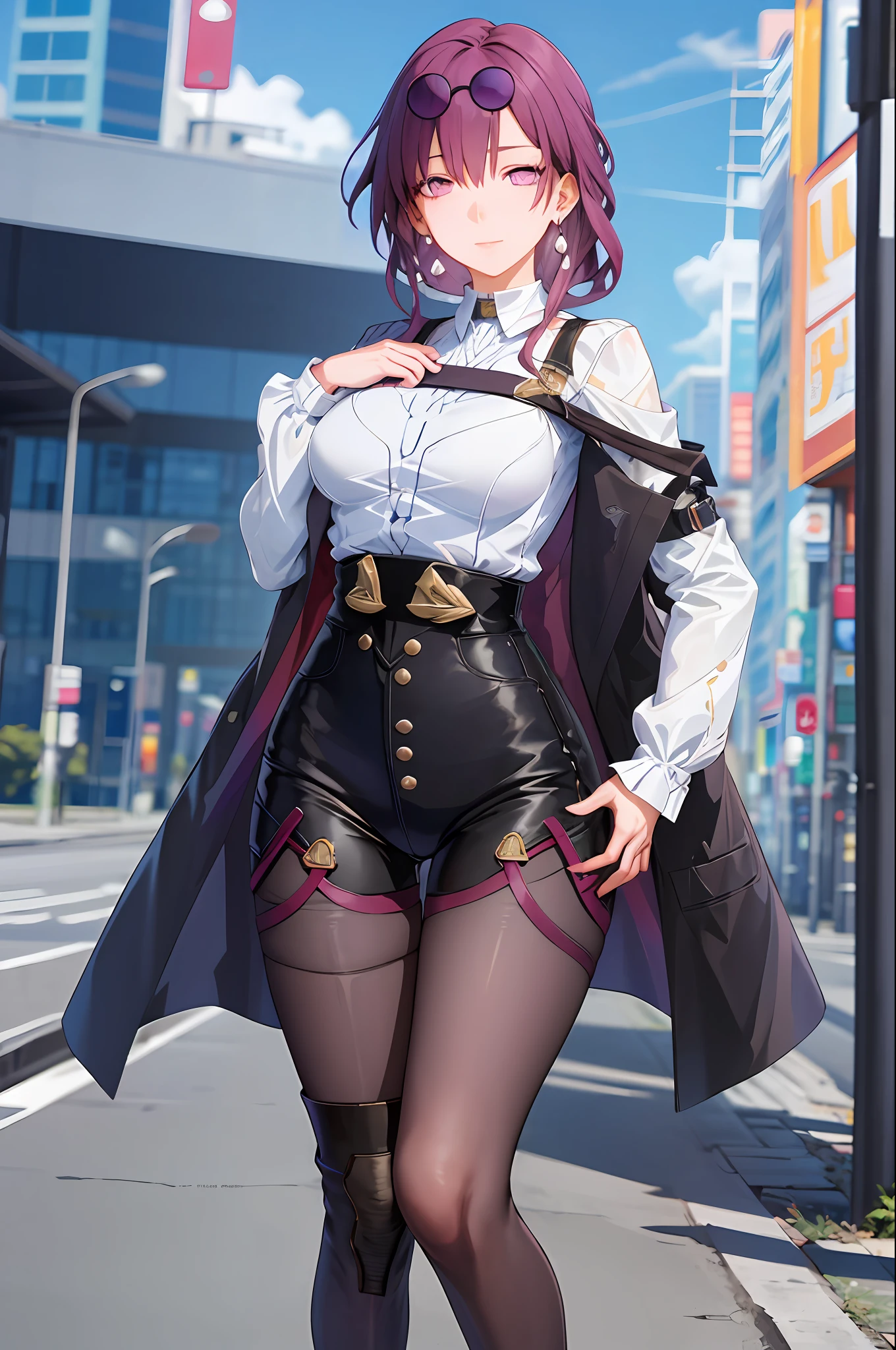 masterpiece, best quality, 1girl, skinny, large breasts, official,shirt, (undressing:1.4), pantyhose, eyewear on head, purple eyes, empty eyes, earrings, street