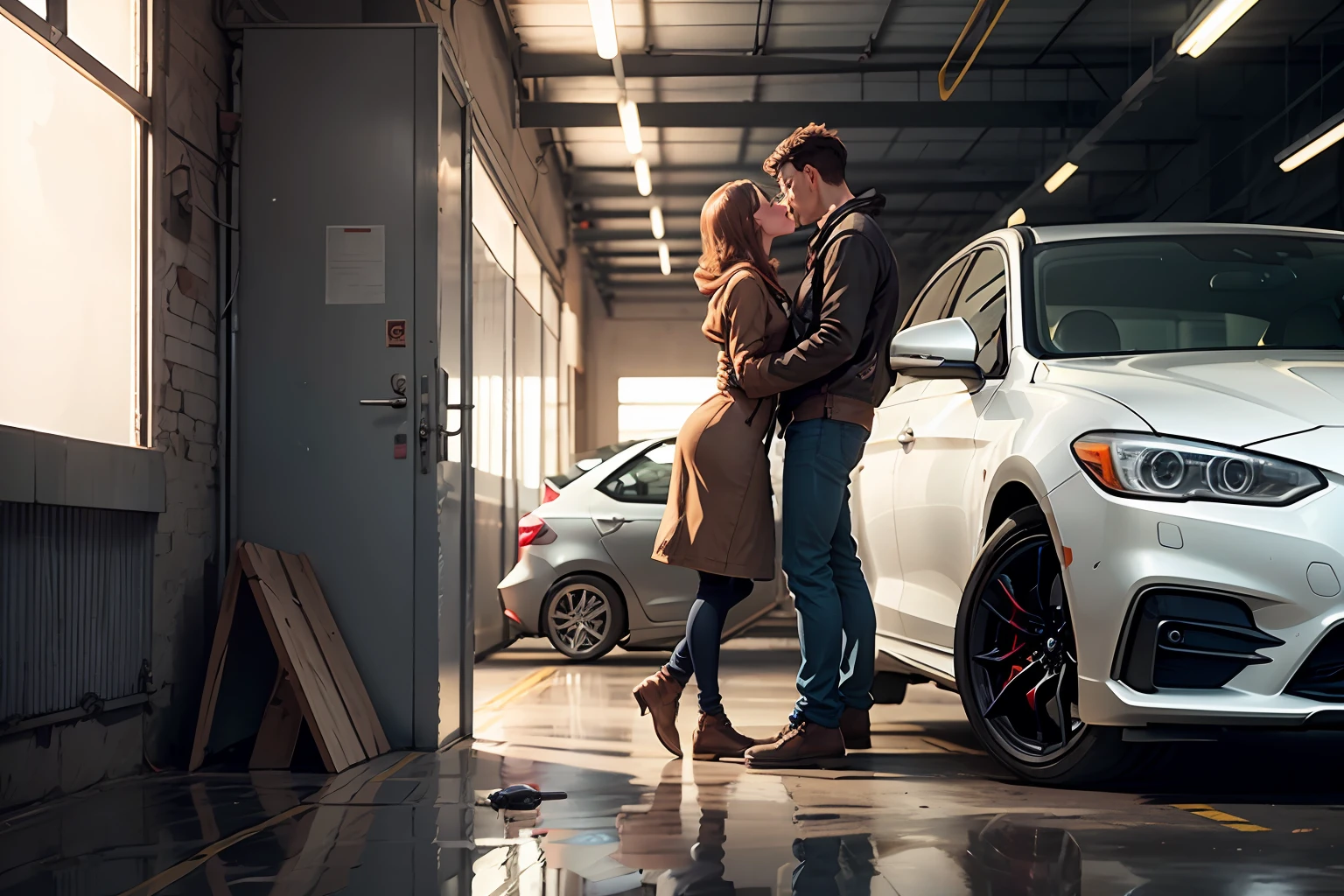 a woman enters a car workshop and surprise a couple making out --auto