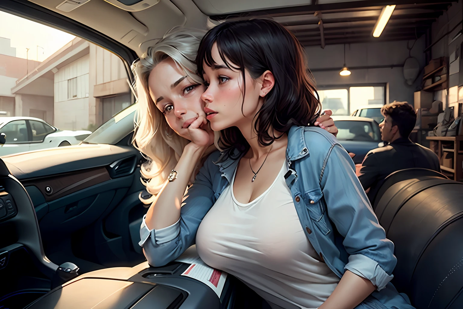 a woman enters a car workshop and surprise a couple making out --auto
