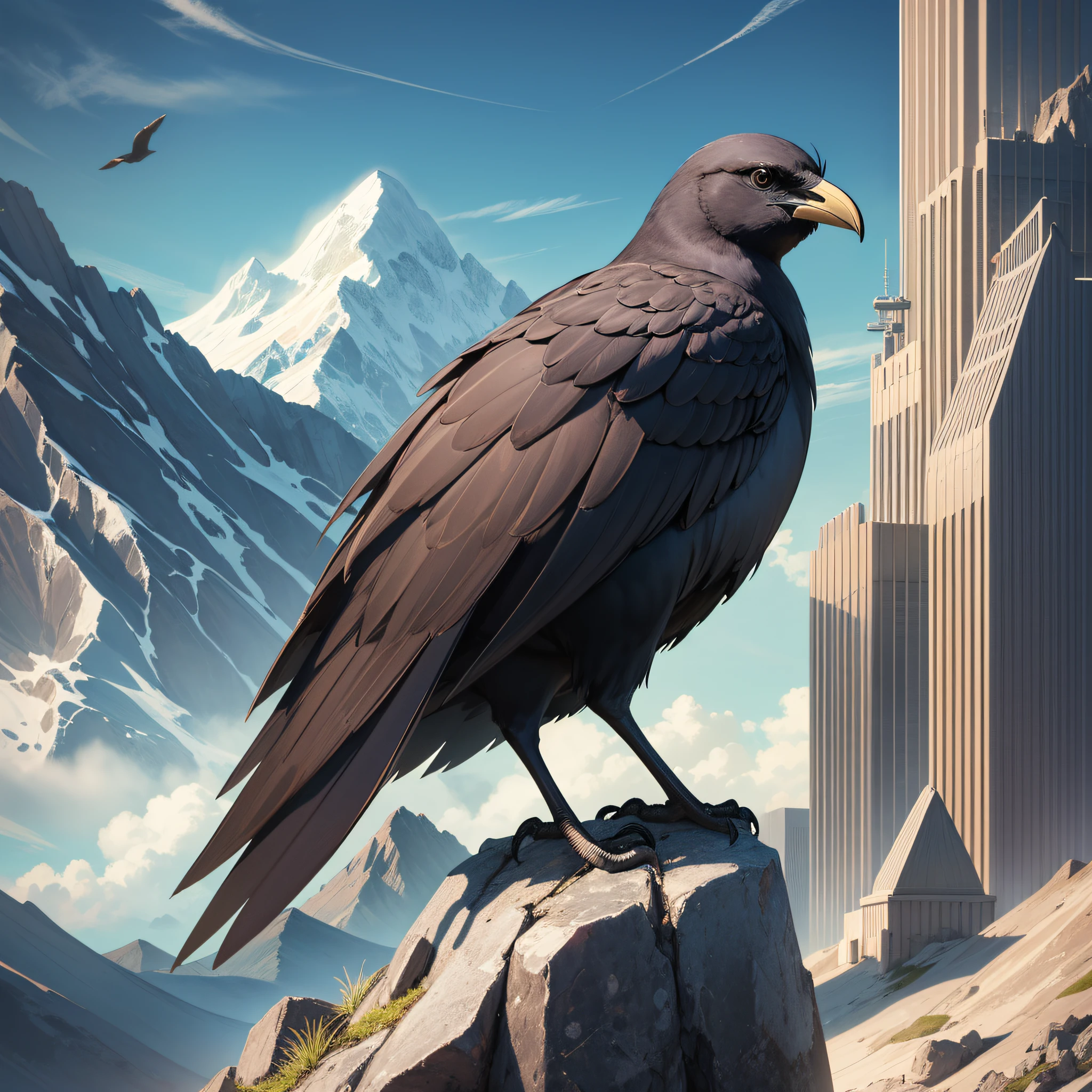 metal coin, detailed coin, crow, crow in the center of the coin, mountain background, sky, night