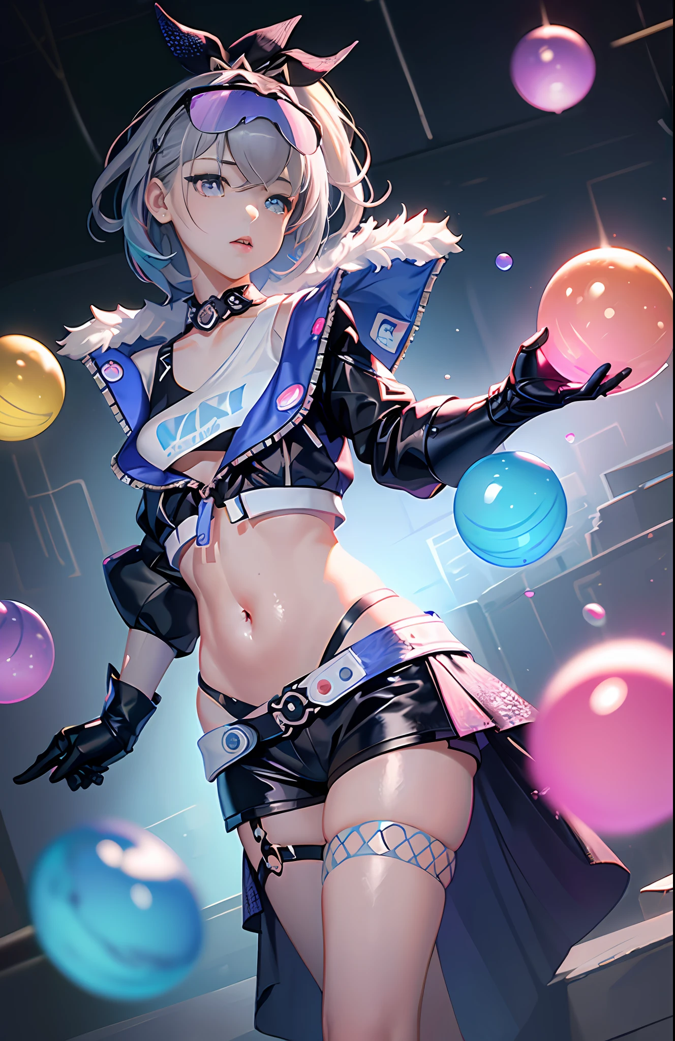 SilverWolf V4, (Masterpiece: 1.2), Best Quality, (Illustration: 1.2), (Hyperdetail), Eye Focus, (Elaborate Glow, Pink Lens Glow), (Movie Background), (((Color)), Ultra Detail, (Fine Detail), (Intricate Detail), Octane Rendering, HDR, (Ultra Detail: 1.15), (Soft Light: 1.2), 1 Girl, Beautiful Girl, Rabbit Ears, Ultra Detailed Eyes, , Plump, Rainbow Drops, (Supermodel:1.3), Composed of Paint, Fully Painted, Sputtering, Splattering, Indoors, (Bioluminescent Hair: 1.1), (Glowing Eyes), ((Makeup)), (Cinematic Masterpiece), Ferocious, Powerful, Splashing Colors Absolutely Eye-catching, (Cinematic Headlights), ((Caustic)), Dynamic Angles, Beautiful Detail Glow, Ambient Occlusion, Ambient Light, Ray-Traced Reflections, (Best Lighting, Extremely Delicate and Beautiful), ((Cinematic Light)), (Soft: 2),. colored glasses, game pixels, retro style, life arcade characters, arcade style world, gloves, jacket, full body, weapon, shorts, black gloves, black jacket, gun, drill hair, black shorts, glasses on the head, blowing bubbles, chewing gum