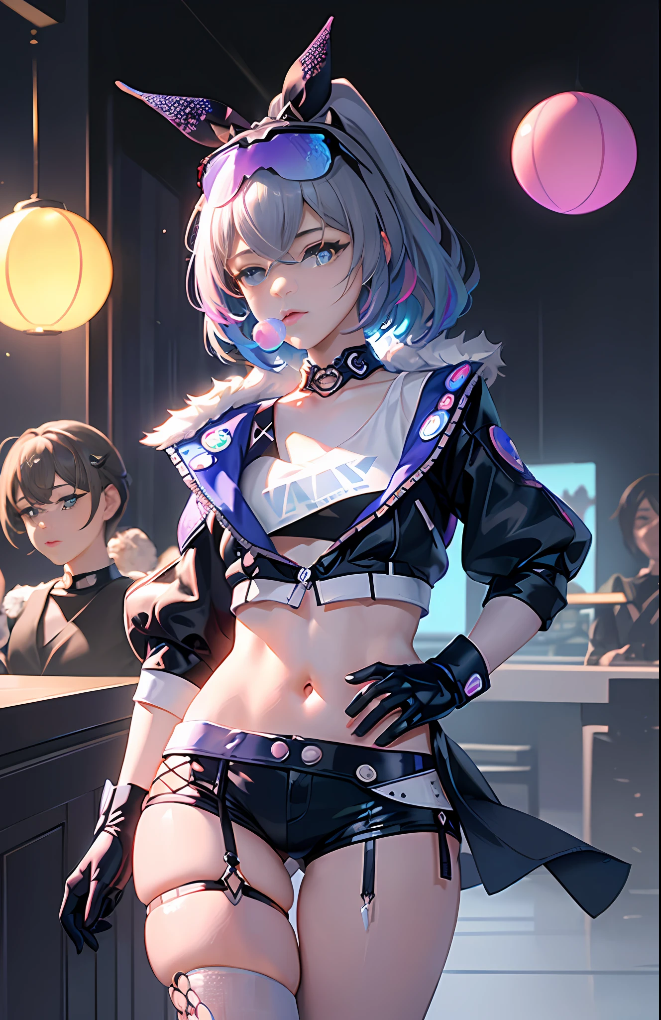 SilverWolf V4, (Masterpiece: 1.2), Best Quality, (Illustration: 1.2), (Hyperdetail), Eye Focus, (Elaborate Glow, Pink Lens Glow), (Movie Background), (((Color)), Ultra Detail, (Fine Detail), (Intricate Detail), Octane Rendering, HDR, (Ultra Detail: 1.15), (Soft Light: 1.2), 1 Girl, Beautiful Girl, Rabbit Ears, Ultra Detailed Eyes, Mature, Plump, Rainbow Drops, (Supermodel:1.3), Composed of Paint, Fully Painted, Sputtering, Splattering, Indoors, (Bioluminescent Hair: 1.1), (Glowing Eyes), ((Makeup)), (Cinematic Masterpiece), Ferocious, Powerful, Splashing Colors Absolutely Eye-catching, (Cinematic Headlights), ((Caustic)), Dynamic Angles, Beautiful Detail Glow, Ambient Occlusion, Ambient Light, Ray-Traced Reflections, (Best Lighting, Extremely Delicate and Beautiful), ((Cinematic Light)), (Soft: 2),. colored glasses, game pixels, retro style, life arcade characters, arcade style world, gloves, jacket, full body, weapon, shorts, black gloves, black jacket, gun, drill hair, black shorts, glasses on the head, blowing bubbles, chewing gum