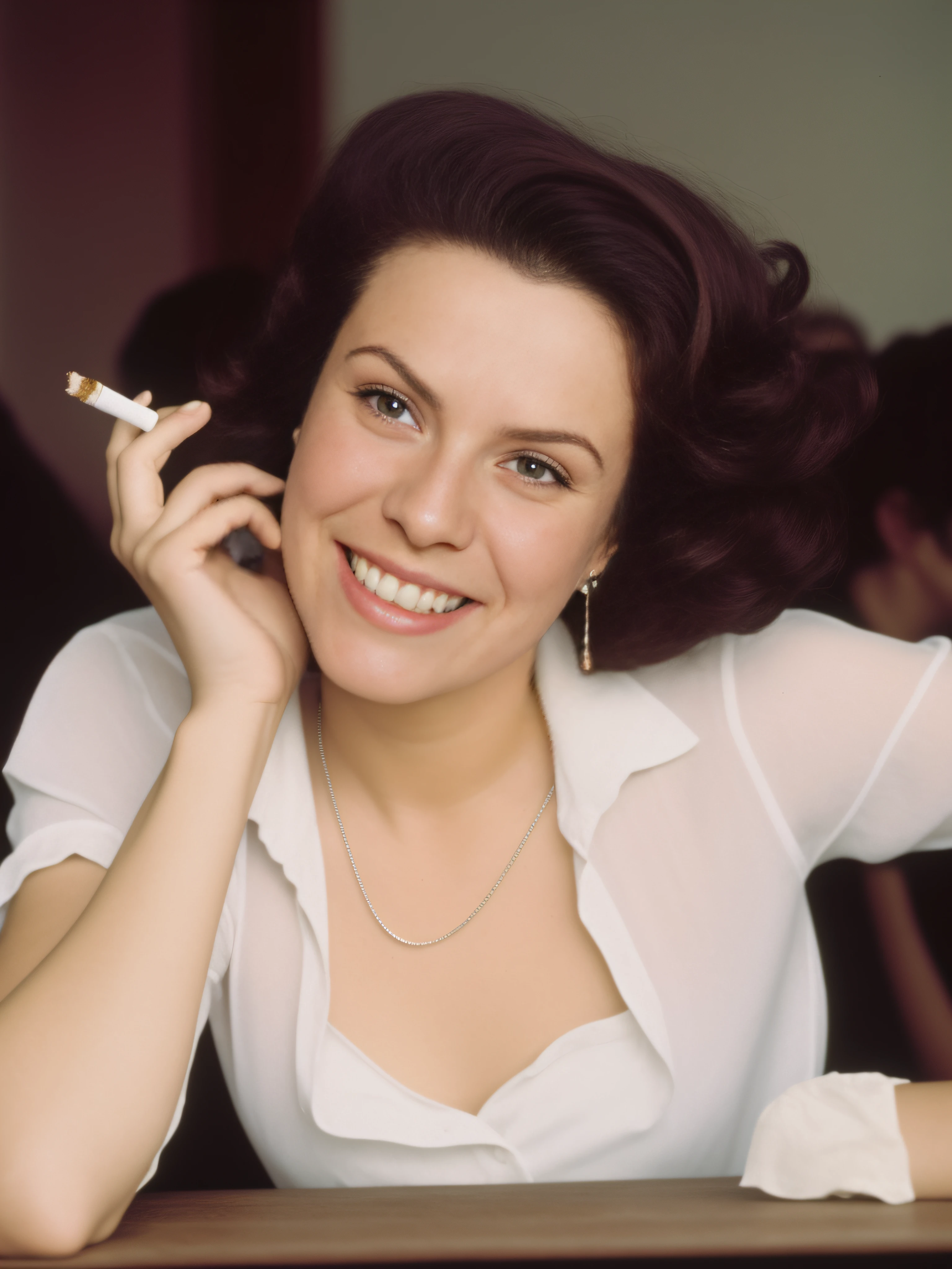 Elis Regina, Cantor brasileiro morto, Brazilian Woman Sitting at Table with very Thin Cigarette in Hand, Nan Goldin's No Style, Elis Regina Sorridente Idade 2 5, Esposa, com charuto fino, inspirado por Nan Goldin, Marta Syrko, diretor: Nan Goldin