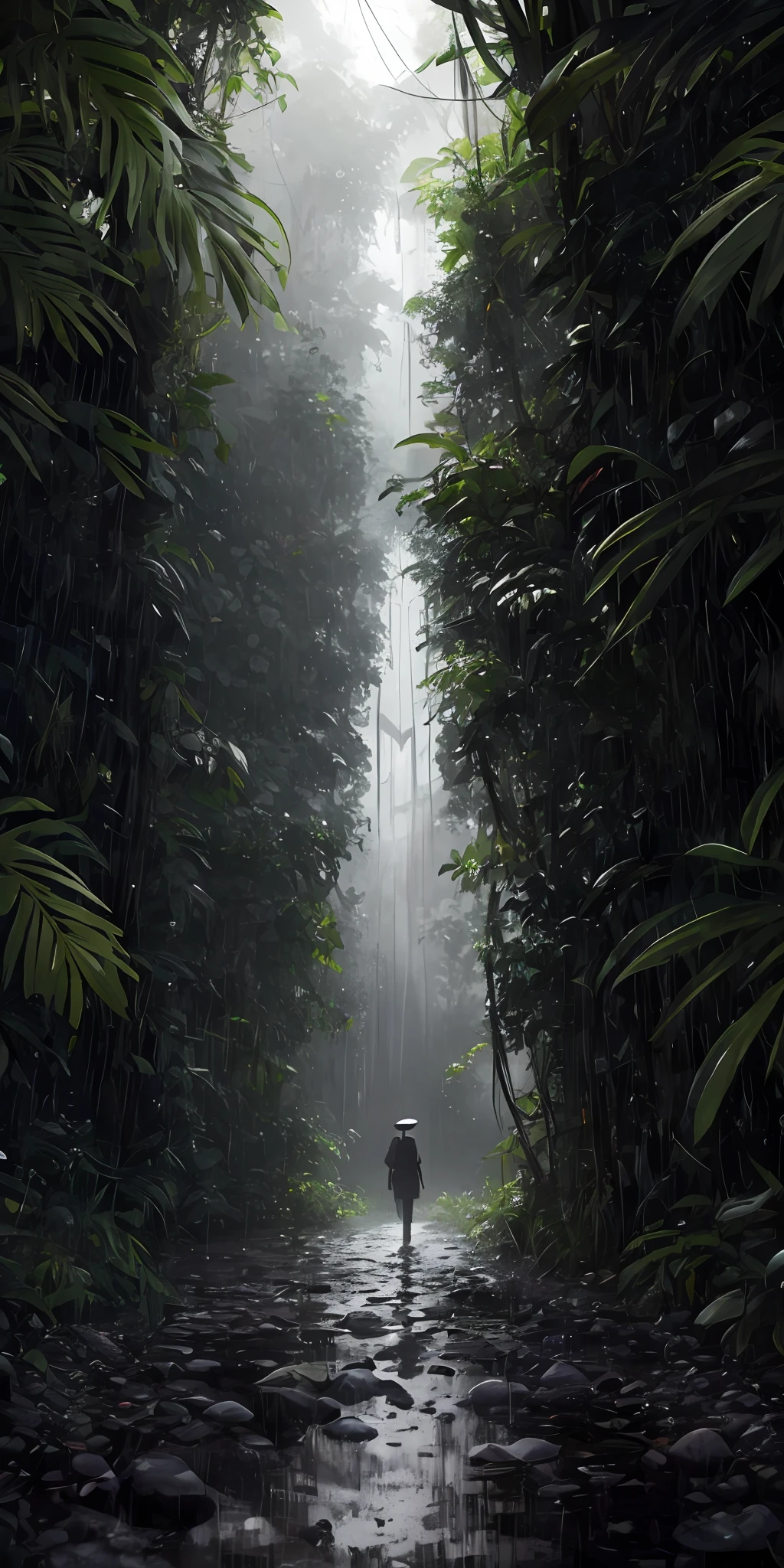 Jungle, heavy rainfall, monochrome, vines everywhere, huge and humid trees, masterpiece, best quality, high quality, very detailed CG unified 8k wallpaper, oil painting, award-winning photography, bokeh, depth of field, HDR, bloom, color difference, realism, very detailed, trends on artstation, trends on CGSociety, intricate, high detail, drama, midjourney art, volumetric lighting