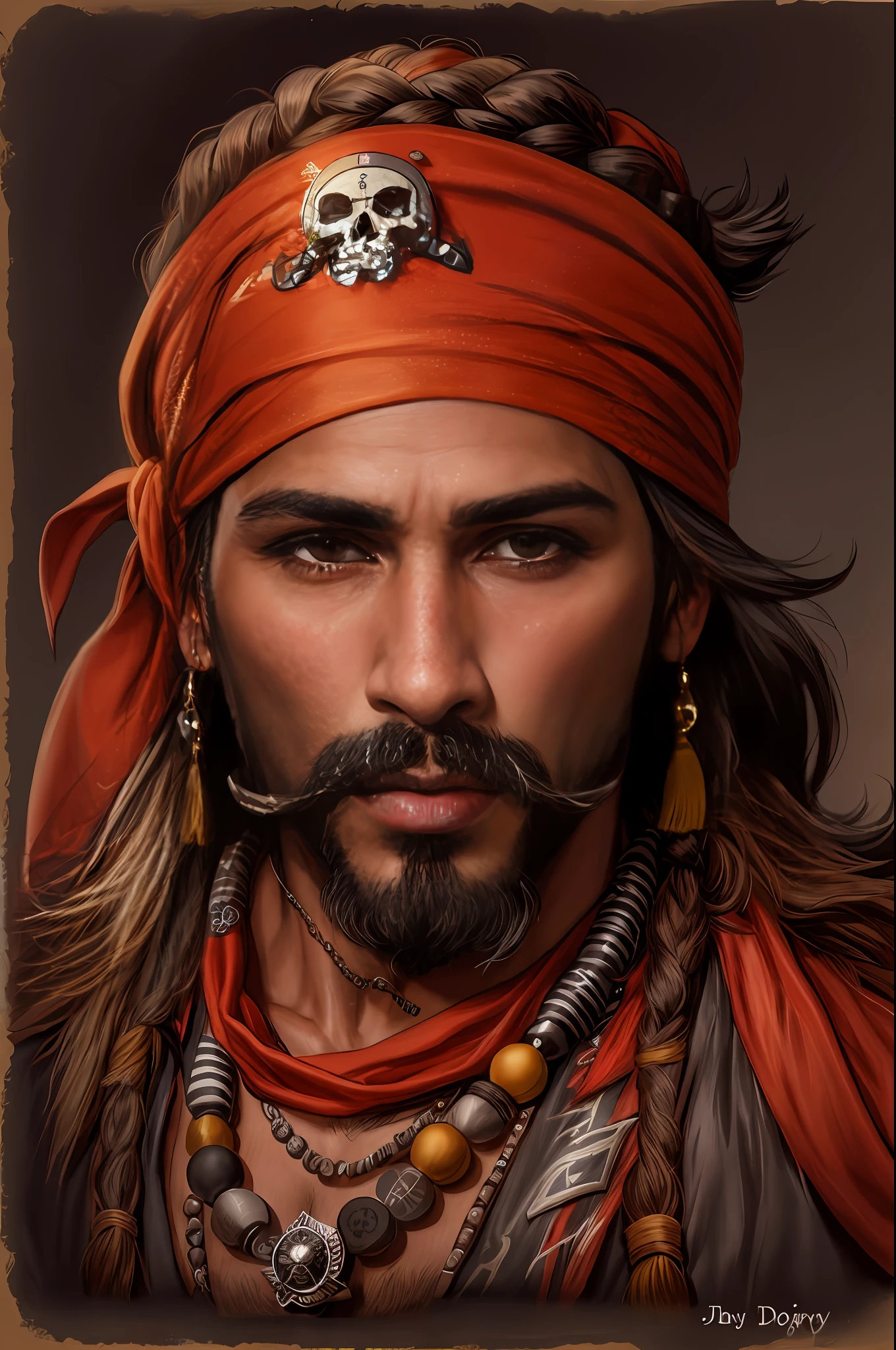 um pirata, Usando bandana, colar de contas, um broche de caveira na bandana, Retrato de Jhonny Deppy, alta qualidade, detalhes intricados,