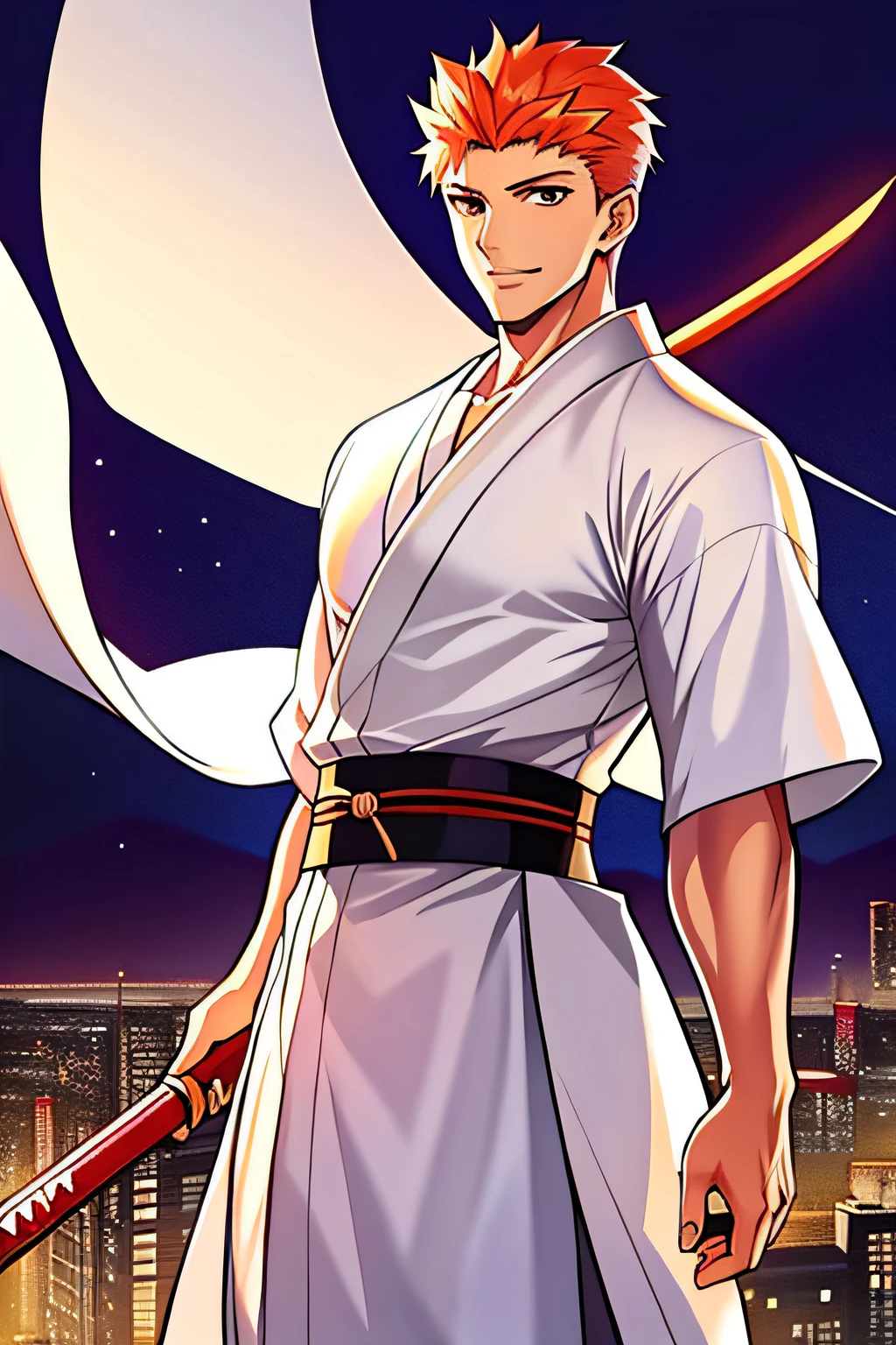 (Masterpiece: 1.4), (Best Quality: 1.4), 1 child, solo, (Emiya Shirō \(fate\):1.2), kind smile, condescending look, orange hair, golden eyes, Male, Shirtless, muscular, Aesthetic guy ((very good ???????)) toned muscles, athletic, black vintage Japanese pants, white Kimono draped over his shoulders like a cape, (((White Kimono))) Japanese period clothing, holds a katana in his right hand, Looking to the onlooker, Upper Body, City, Cityscape, Sky, Night, anime style, Type-moon style