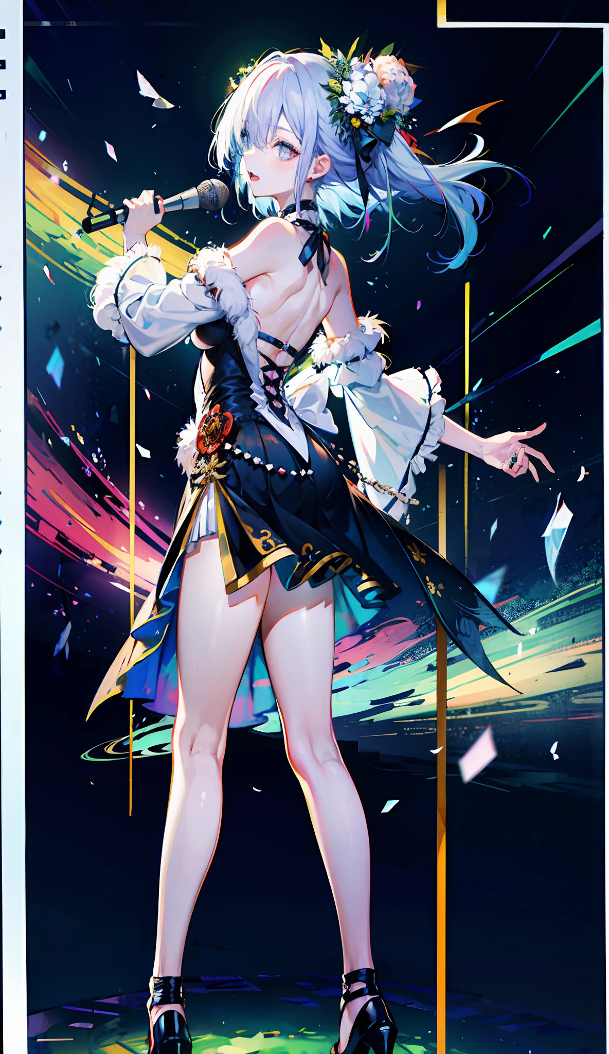 (best qualtiy,detailed back ground,Highest high resolution,Wallpapers,8K,full bloom,messy hair,shinny hair,Exposure to light,Bright pupils),
1girll,Focus on the legs,receiver,long whitr hair,silber hair,Large_Breasts,Action_Pose,standing on your feet,Stage,spotlight lights,glass ceilings,
Shen He(the original god),Hair_decorations,Hair is more than one eye,designer dress,