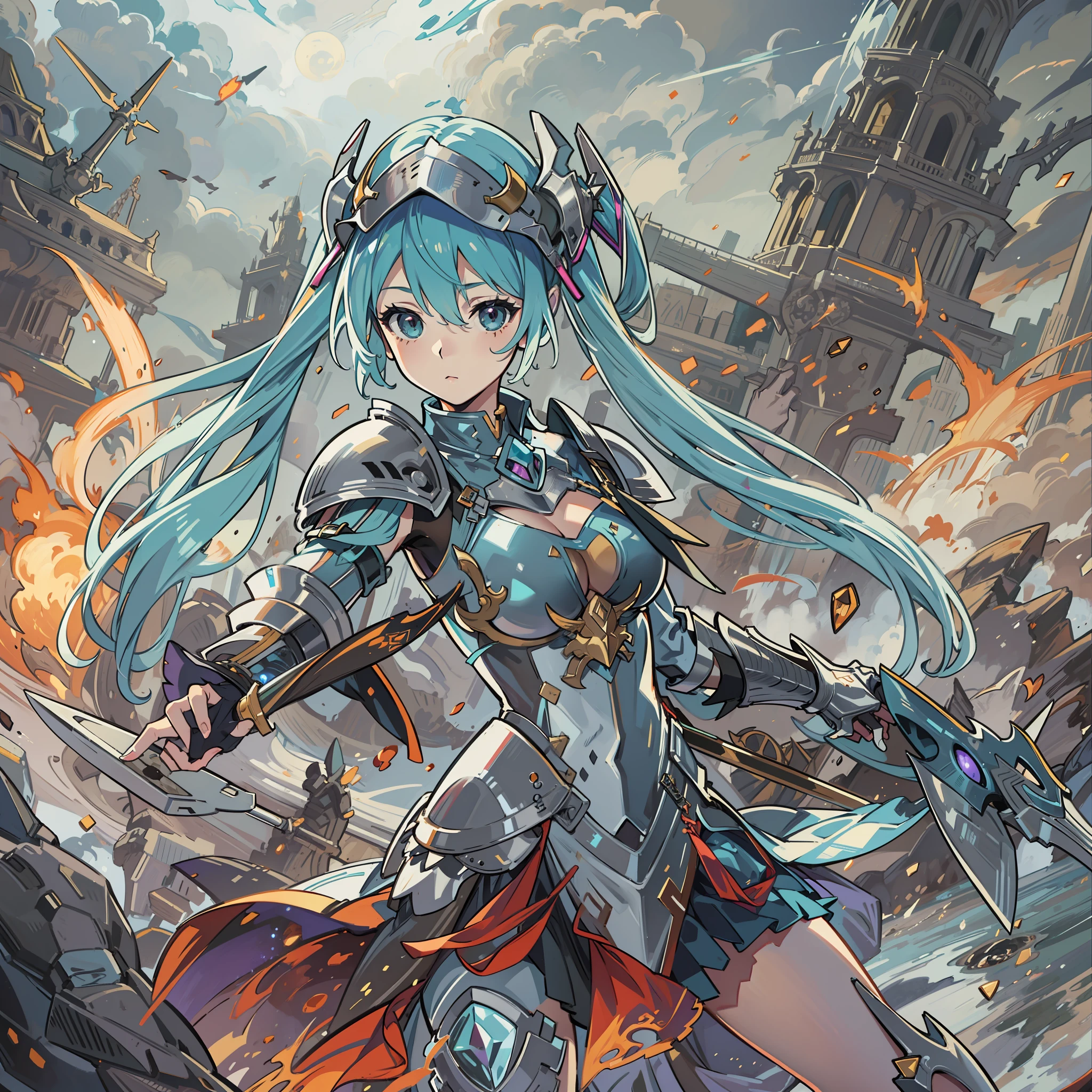 HD original art level、best rendering、Female protagonist、Big breasts Hatsune Miku、Silver armor、Bring a helmet、Clear detail throughout HD in high definition、The fog is shining、Purple magic aura、A female knight fighting surrounded by lava。