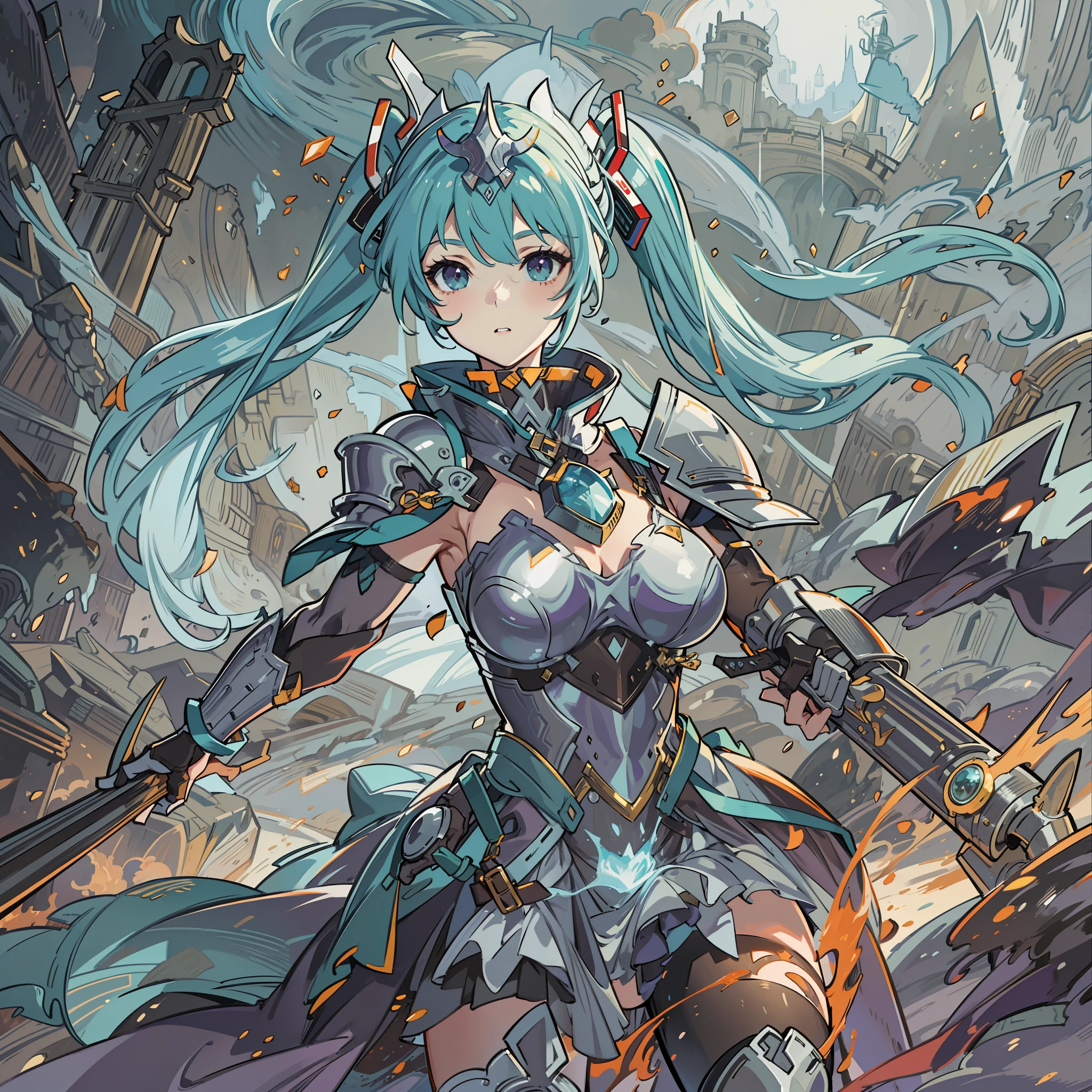 HD original art level、best rendering、Female protagonist、Big breasts Hatsune Miku、Silver armor、Bring a helmet、Clear detail throughout HD in high definition、The fog is shining、Purple magic aura、A female knight fighting surrounded by lava。