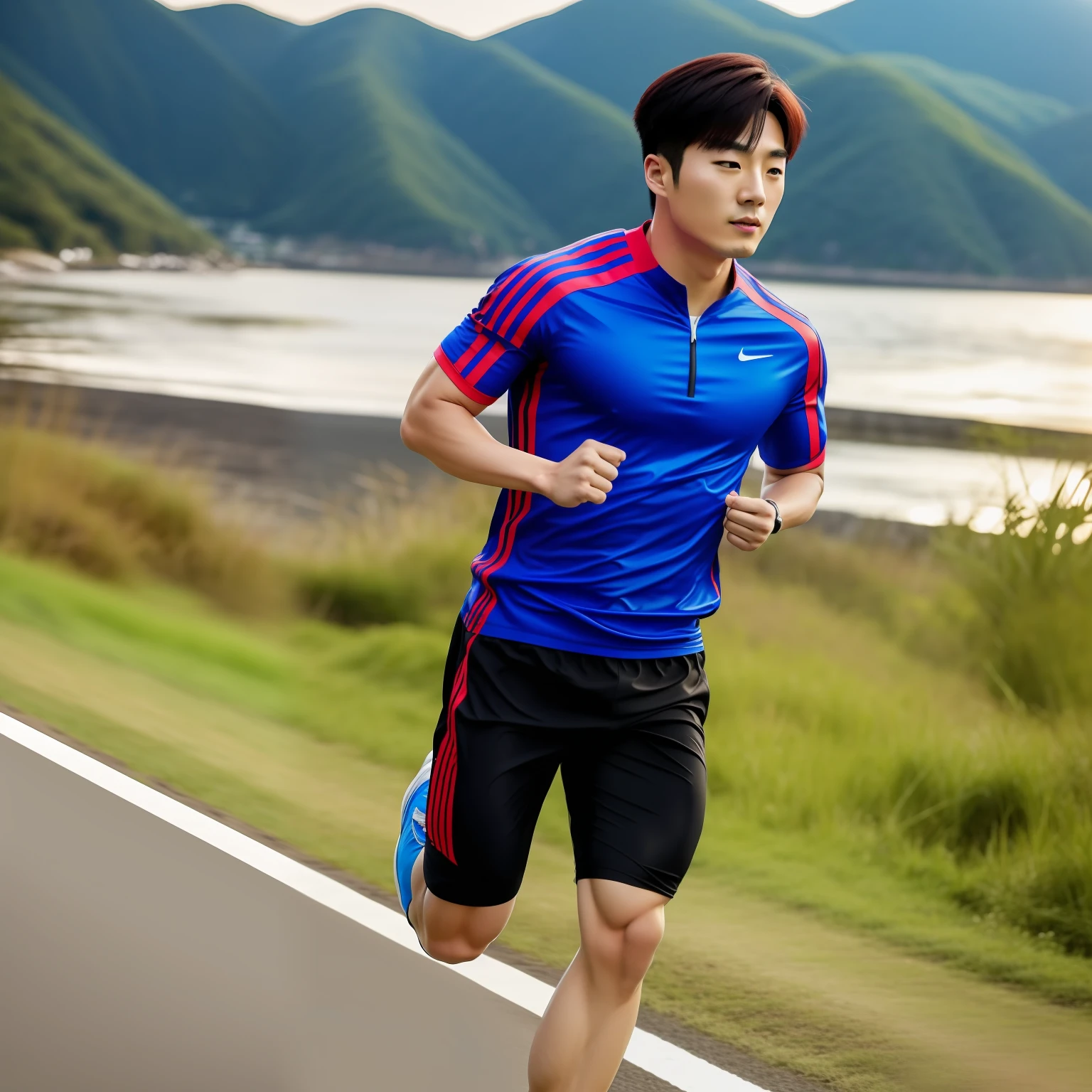 Please create an image of a Korean man in his 20s running. In the image, you need to wear an armband and have powerful muscles. --auto