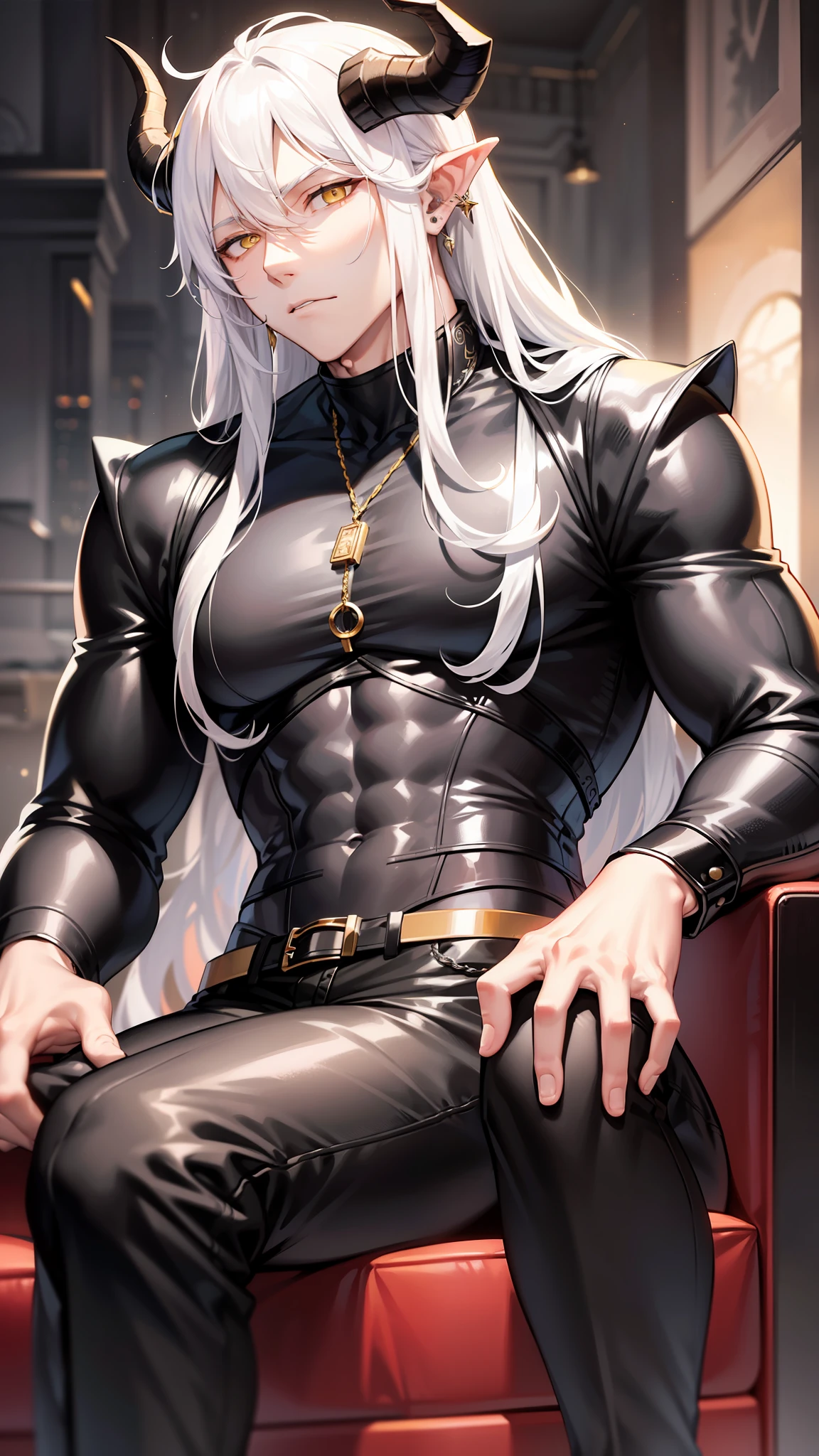 Handsome man, white hair, long hair, muscular, tall, sitting on throne, horns, yellow eyes, ear piercings, expressionless, big bulge in pants, black pants, white tshirt, nightfall, dark room