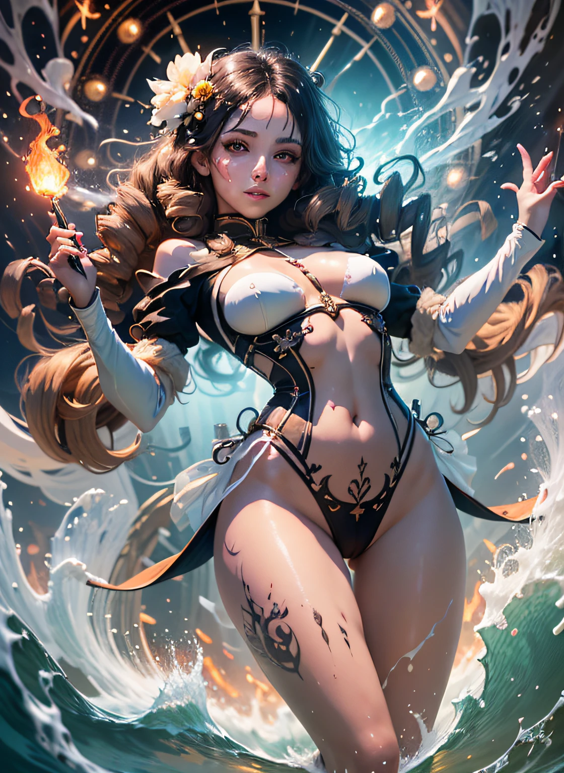 open legs, view of pubic hair,Goddess maiden, gorgeous, splashing, flame, flowing pen and ink,full female body, beautiful caucasian girl close-up, body in dynamic movement, oil, digital art, splash, full body, Ray-traced sunset rendering, shimmery water, light rays, billowing clouds, light reflections, vibrant colors, detailed, glitch art, water, 8k, oil painting, art by Sakimichan, Daniel Gerhartz, mixed digital painting technique, digital painting, super smooth , fluid, 3d fractals, light particles, spirit ink, smooth, shimmery, dreamy glow, 16k, sf, complex art masterpiece, sinister, matte movie poster, golden ratio, cgsociety trend, intricate, epic, artstation trend, highly detailed, vibrant, production cinematic character renderings by artgerm, H.R. Giger and Beksinsky Ultra Quality Model, cloudy night sky storm, sunset red clouds storm cloudy, rough sea, psychedelic waves, skin and clothes wet with water, drops of water, floating bubbles, magical lights, fantasy, filigree, cloudy night sky storm, sunset red clouds storm cloudy, rough sea, psychedelic waves, splash,Sakimichan style art, oriental mandala tattoo, fractal background, silver and gold and bronze spirit, natural skin moistened with water, slight smile, view from below, perfect golden eyes, long curly black hair, floating antique clock, lamp ancient, splash,seductive pose, visible pubic hair, breasts visible,full body, black hair, Transparent clothing, slight smile,, open legs, view of pubic hair, 1 sexy girl in transparent forest clothes,exposed breasts, open transparent t-shirt,mandala and flower tattoos, La mejor calidad, view from below, small breasts in sight, Jean-Baptiste Monge style, bright, beautiful , splash, Glittering , cute and adorable, filigree, , rim lighting, lights, extremely , magic, surreal, fantasy, digital art, , wlop, artgerm and james jean,floating antique clock, lamp ancient, splash,floating antique clock,