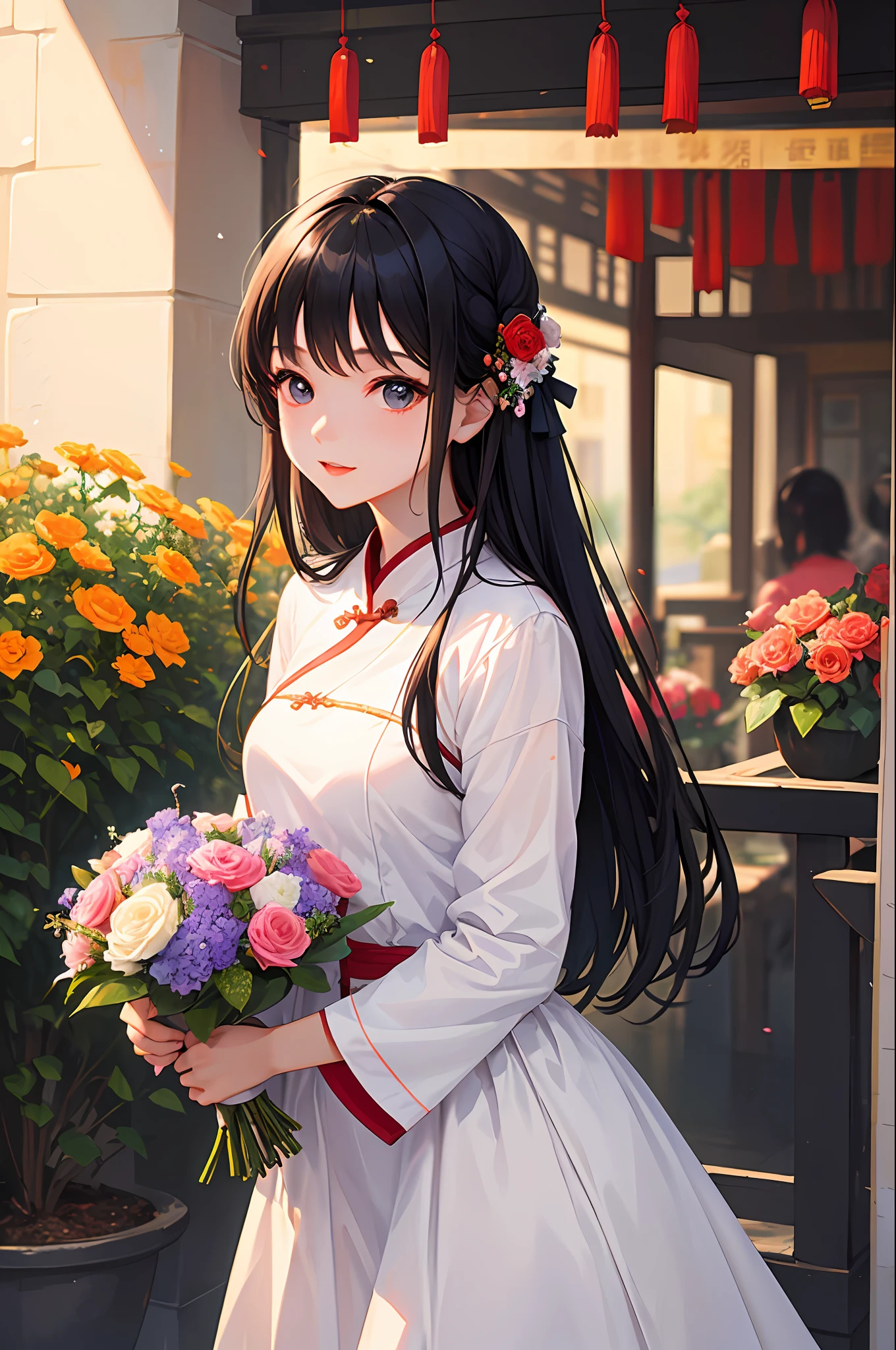 , With flowers, Holding flowers, carrying flowers, Lovely woman, A young Asian woman,  a cute young woman, cover photo portrait of du juan, Young Asian girl, Wanting, high quality portrait, Young Asian woman, Chinese girl, shaxi