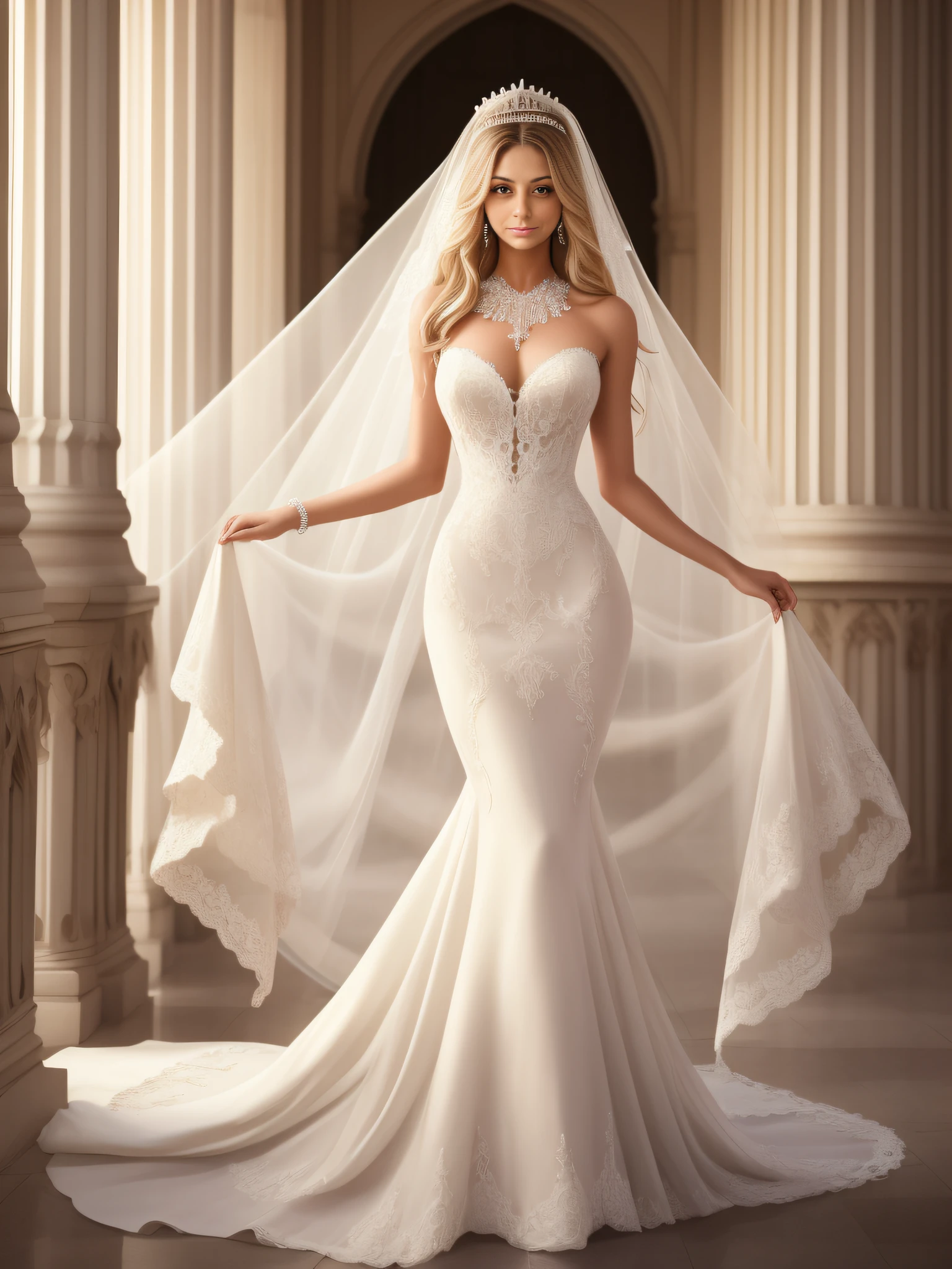 full body, full shot,photorealism, in detail and in detail an extremely beautiful slender sexy bride in a cream wedding dress with intricate lace patterns and a beautiful long veil with intricate patterns stands in partial shade among the columns of a beautiful building. on the face and body, the bride holds the wedding dress with her hands, the pose is beautiful sexy C-shaped stilettos of cream color with intricate patterns, the bride's face is European, perfectly beautiful proportions are neat facial features, the eyes are bright green-blue eyelashes are long and fluffy, the bride's physique is slender and graceful, her legs are graceful and longer than the body in proportion, graceful hands in precious jewelry, on the head of the bride there is a wedding tiara with beautiful diamonds, natural detailed skin, pore skin, skin natural shine, skin color is perfect, cheeks are slightly ruddy, wavy long blond hair to the knees is beautifully flowing in detail and in detail , lighting side daylight soft, hyper detail, sharp focus, photorealism, naturalistic, Jerry Gionis style