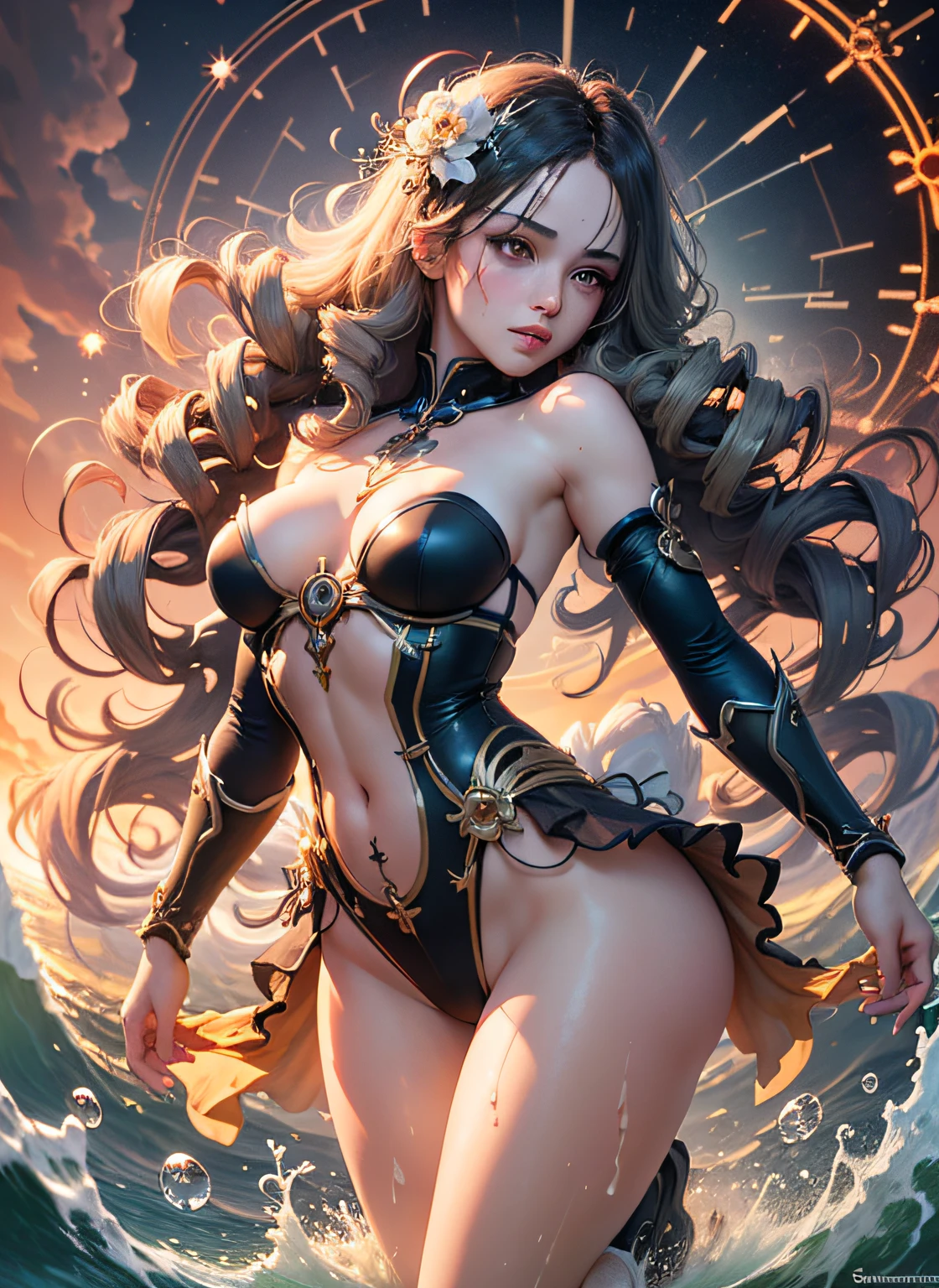 open legs, view of pubic hair,Goddess maiden, gorgeous, splashing, flame, flowing pen and ink,full female body, beautiful caucasian girl close-up, body in dynamic movement, oil, digital art, splash, full body, Ray-traced sunset rendering, shimmery water, light rays, billowing clouds, light reflections, vibrant colors, detailed, glitch art, water, 8k, oil painting, art by Sakimichan, Daniel Gerhartz, mixed digital painting technique, digital painting, super smooth , fluid, 3d fractals, light particles, spirit ink, smooth, shimmery, dreamy glow, 16k, sf, complex art masterpiece, sinister, matte movie poster, golden ratio, cgsociety trend, intricate, epic, artstation trend, highly detailed, vibrant, production cinematic character renderings by artgerm, H.R. Giger and Beksinsky Ultra Quality Model, cloudy night sky storm, sunset red clouds storm cloudy, rough sea, psychedelic waves, skin and clothes wet with water, drops of water, floating bubbles, magical lights, fantasy, filigree, cloudy night sky storm, sunset red clouds storm cloudy, rough sea, psychedelic waves, splash,Sakimichan style art, oriental mandala tattoo, fractal background, silver and gold and bronze spirit, natural skin moistened with water, slight smile, view from below, perfect golden eyes, long curly black hair, floating antique clock, lamp ancient, splash,seductive pose, visible pubic hair, breasts visible,full body, black hair, Transparent clothing, slight smile,, open legs, view of pubic hair, 1 sexy girl in transparent forest clothes,exposed breasts, open transparent t-shirt,mandala and flower tattoos, La mejor calidad, view from below, small breasts in sight, Jean-Baptiste Monge style, bright, beautiful , splash, Glittering , cute and adorable, filigree, , rim lighting, lights, extremely , magic, surreal, fantasy, digital art, , wlop, artgerm and james jean,floating antique clock, lamp ancient, splash,floating antique clock,
