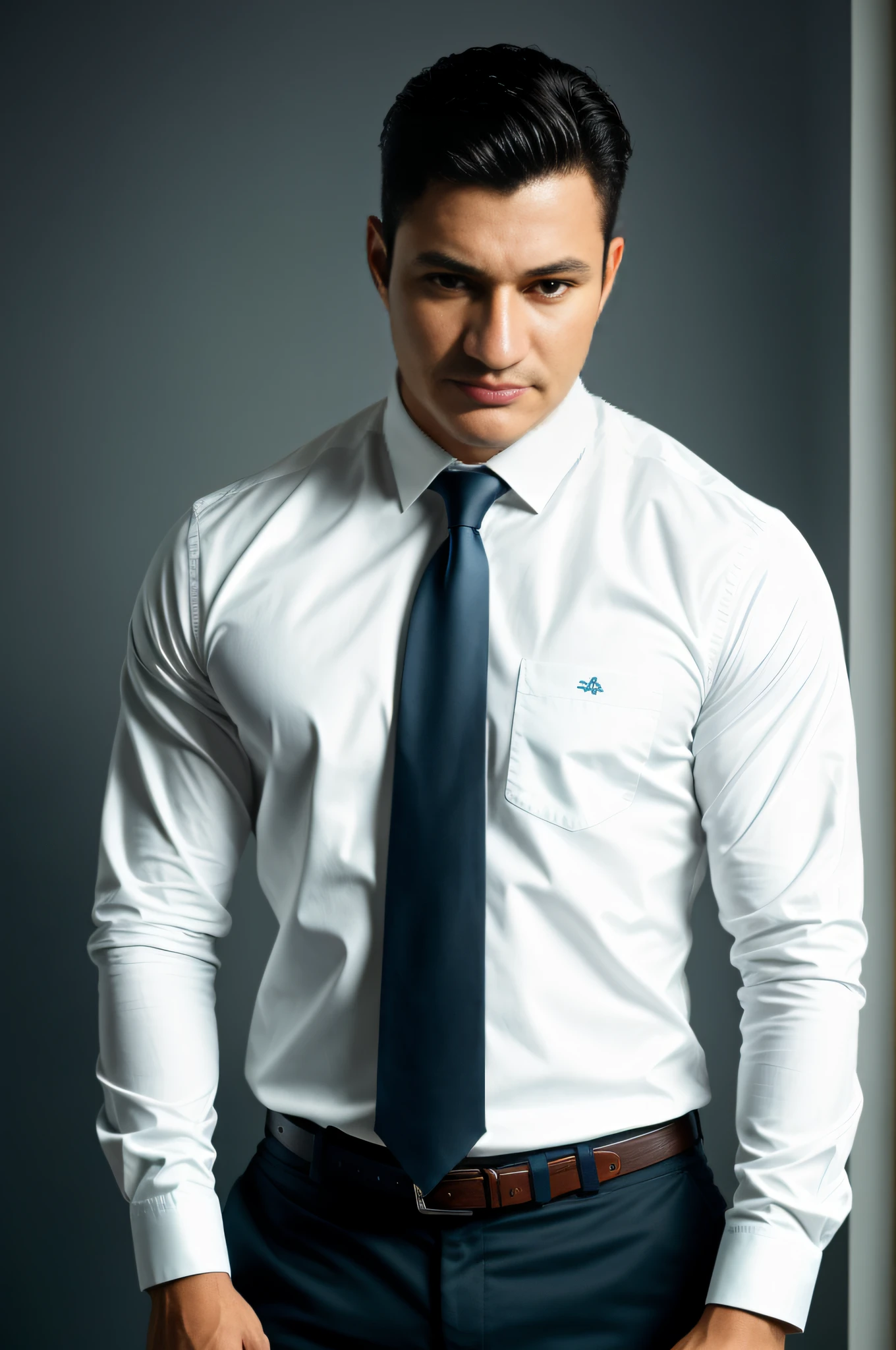 1man, um homem musculoso de 46 anos vestindo camisa branca de manga comprida e gravata, parte superior do corpo, soft-lighting, obra-prima, melhor qualidade, 8k uhd, dslr, grain of film, pintura fotorrealista Fujifilm XT3 arte de midjourney e greg rutkowski
