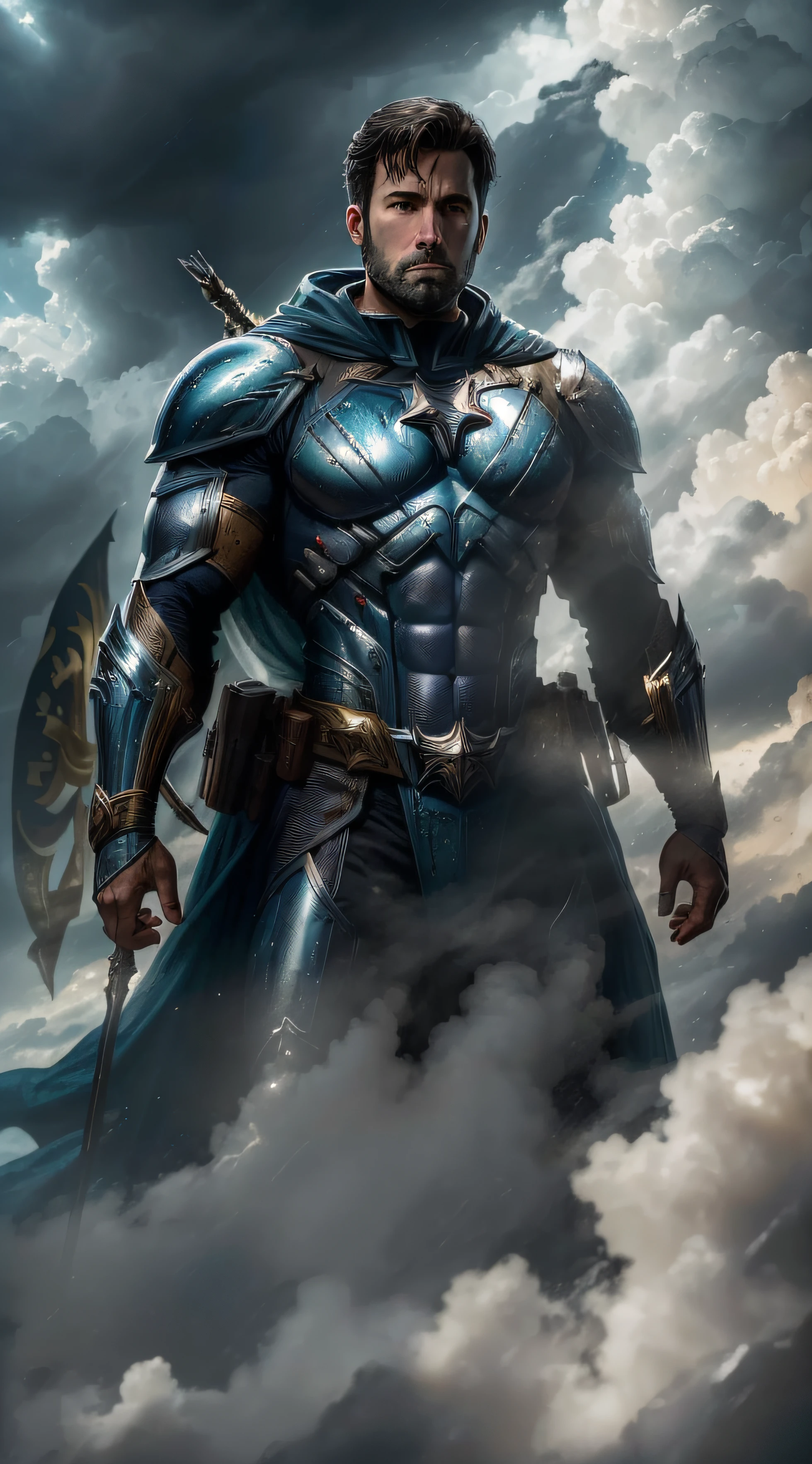 ((melhor qualidade)), circunstanciado, ((atraente, mas de bom gosto))Ben Affleck como um guerreiro masculino, vestindo armadura da era vitoriana,, ((Fantastic pose)), ((corpo flexionado)), ((um toque de sensualidade)),((Background Story: A sky full of clouds)), ((lowkey lighting)). --auto