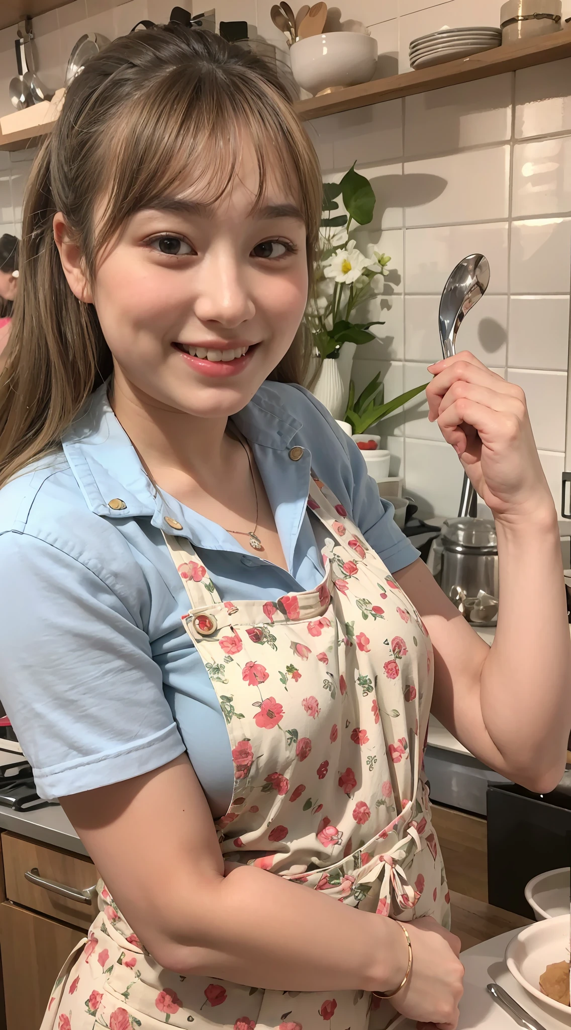 (Best quality, 8k, masterpiece: 1.3), a beautiful woman with perfect figure: 1.4, dark brown hair, dimples, wearing a pendant, wearing an apron, in the kitchen, highly detailed face and skin, detailed eyes, double eyelids, big breasts, smile