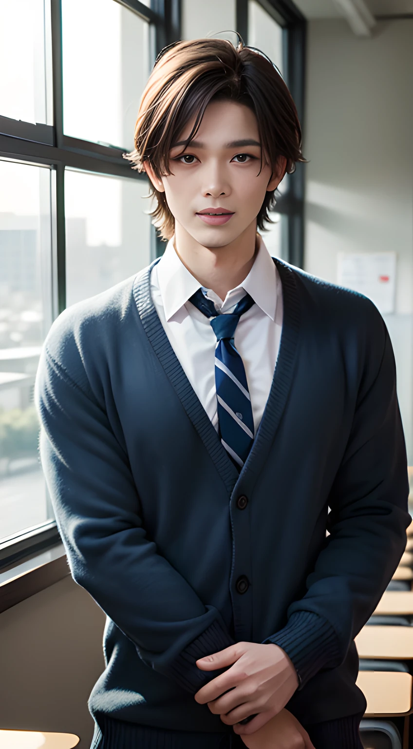 ((Man only)), (cowboy Shot), (handsome muscular high school boy in the classroom of high school), short brown hair, (He resembles Chris Redfield from Resident Evil), He is wearing a blue cardigan and a tie, Mischievous smile, (detaile: 1 in 1), Natural muscles, HIG quality, beautidful eyes, (Detailed face and eyes), (Face、: 1 / 2), Noise, Real Photographics、... ..............................................................PSD, Sharp Focus, High resolution 8K, realisitic & Professional Photography, 8K UHD, Soft lighting, High quality, Film grain, FujifilmXT3