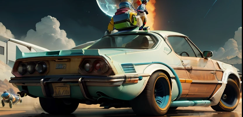 Buzz Lightyear e Woody, em The back to the future, suja:3, empoeirada:3, sombria, de alto detalhe, carros, futuristico:2, cinemactic, Action Pose, dramatic, fallout --auto