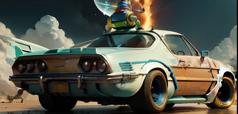 Buzz Lightyear e Woody, em The back to the future, suja:3, empoeirada:3, sombria, de alto detalhe, carros, futuristico:2, cinemactic, Action Pose, dramatic, fallout --auto