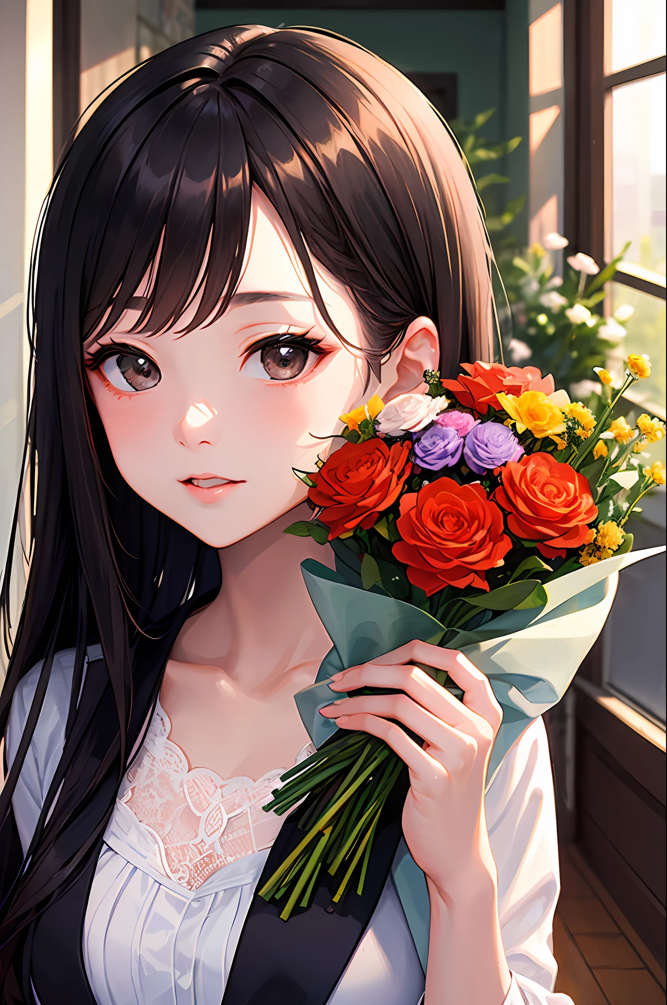 There was a girl in the room holding a bouquet of flowers, With flowers, Holding flowers, carrying flowers, Lovely woman, A young Asian woman, a cute young woman, cover photo portrait of du juan, Young Asian girl, Wanting, high quality portrait, Young Asian woman, Chinese girl, shaxi