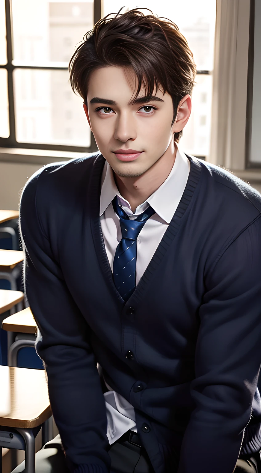 ((Man only)), (cowboy Shot), (handsome muscular high school boy in the classroom of high school), short brown hair, (He resembles Chris Redfield from Resident Evil), He is wearing a blue cardigan and a tie, Mischievous smile, (detaile: 1 in 1), Natural muscles, HIG quality, beautidful eyes, (Detailed face and eyes), (Face、: 1 / 2), Noise, Real Photographics、... ..............................................................PSD, Sharp Focus, High resolution 8K, realisitic & Professional Photography, 8K UHD, Soft lighting, High quality, Film grain, FujifilmXT3