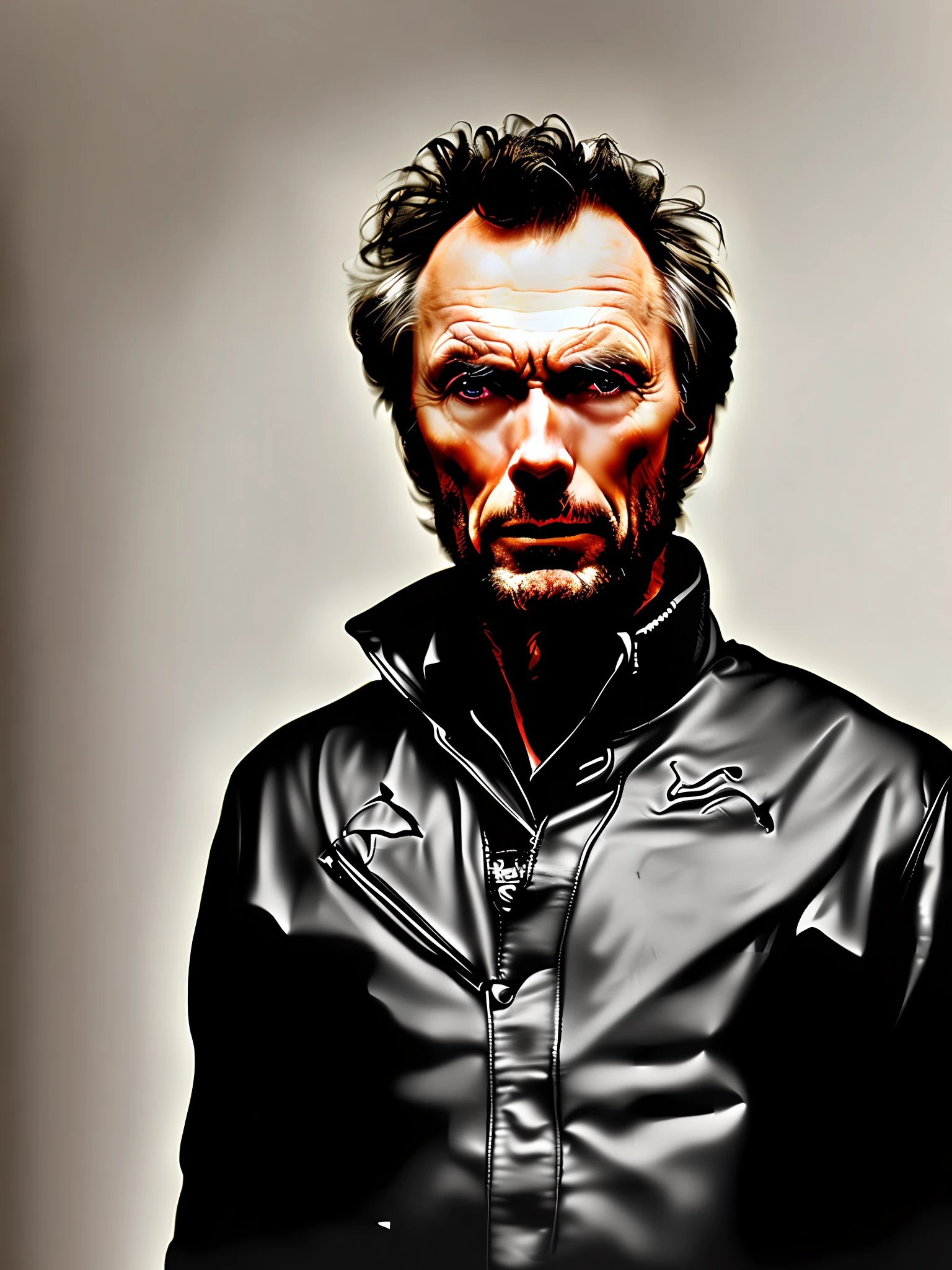 estilo modelshoot, (extremamente detalhado CG unidade 8k papel de parede), retrato de (Clint Eastwood Jovem:1.1), olhando-nos com um olhar misterioso, Realistic, Masterpiece, extremely high quality, ((Scifi)), Reflexo da lente, ((brilhos leves)), Motor irreal, pintura digital, Estilo-TronLegacy-8V-B, trending on ArtStation, trending in cgsociety, intrincado, High detail, Dramatic, realismo, beautiful and detailed lighting, Sombras