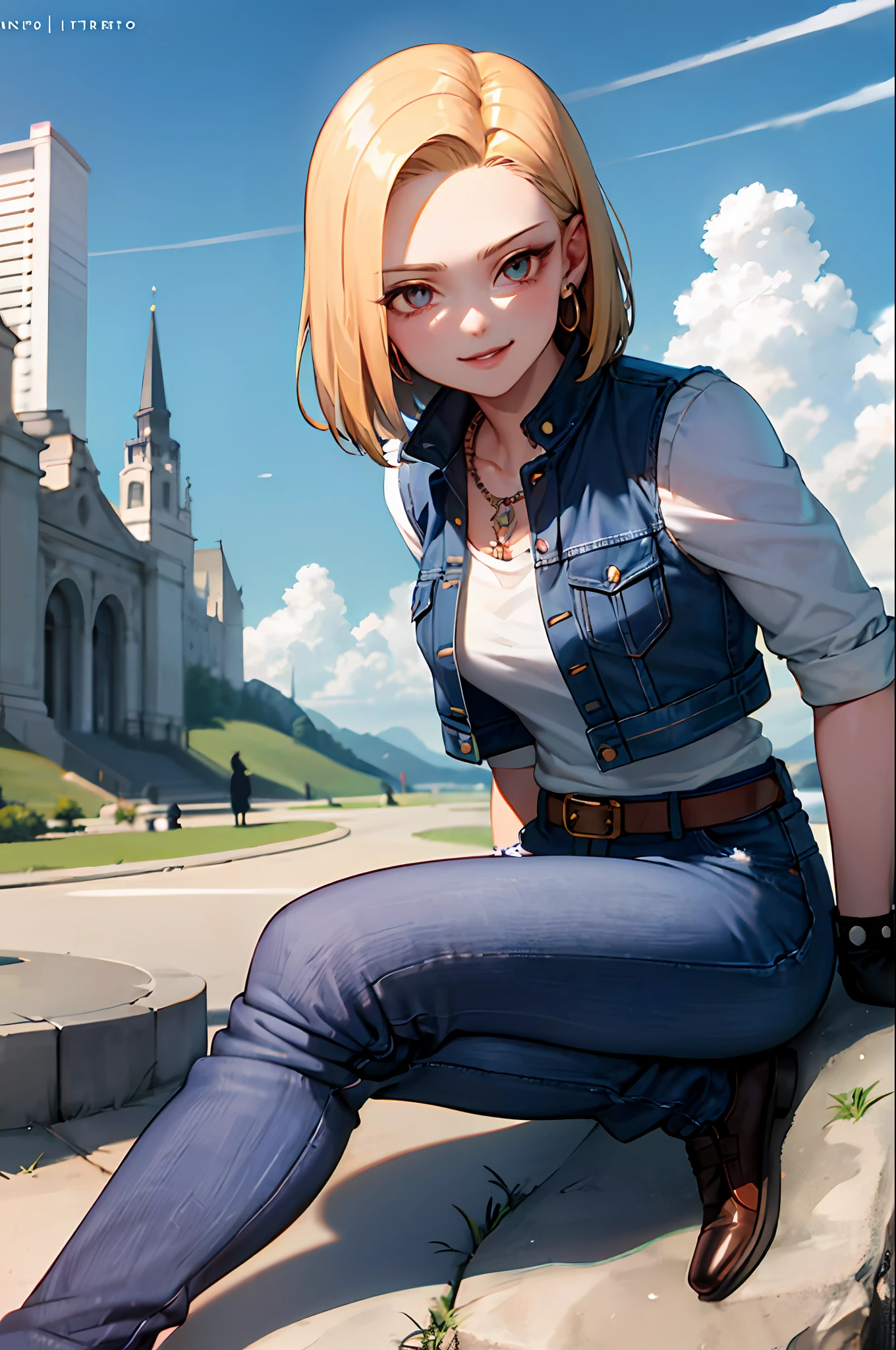 masterpiece, best quality, ultra-detailed, absurdres, Portrait of beautiful Android18DB, solo, earrings, jewelry, denim, smile, belt, vest, cloud, sky, day, pants, outdoors, gloves, necklace, jeans, rock, sitting, sitting_on_rock, volumetric lighting, best quality, masterpiece, intricate details, tonemapping, sharp focus, hyper detailed, trending on Artstation,